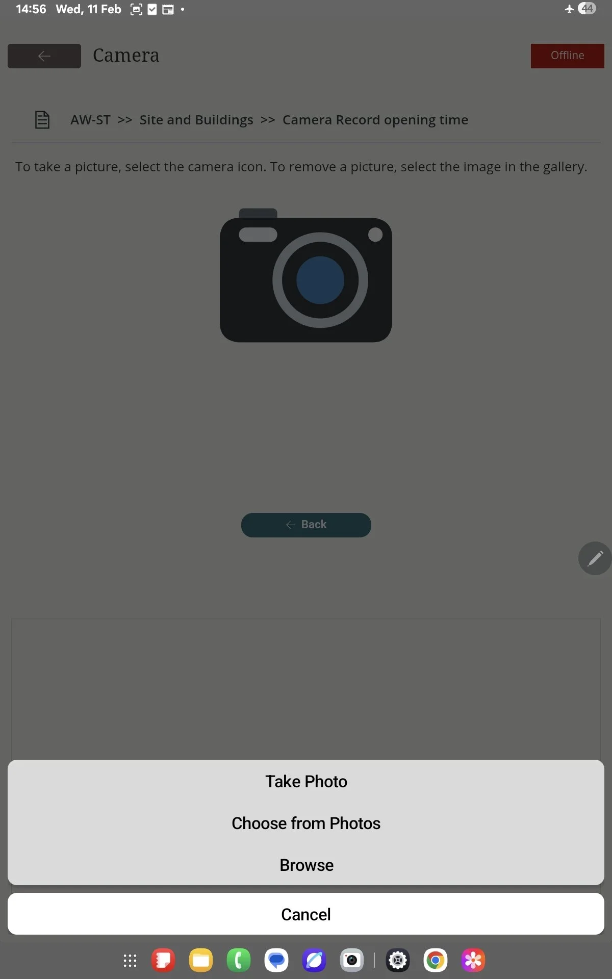 Photo capture screen, uses the built-in camera within the tablet.