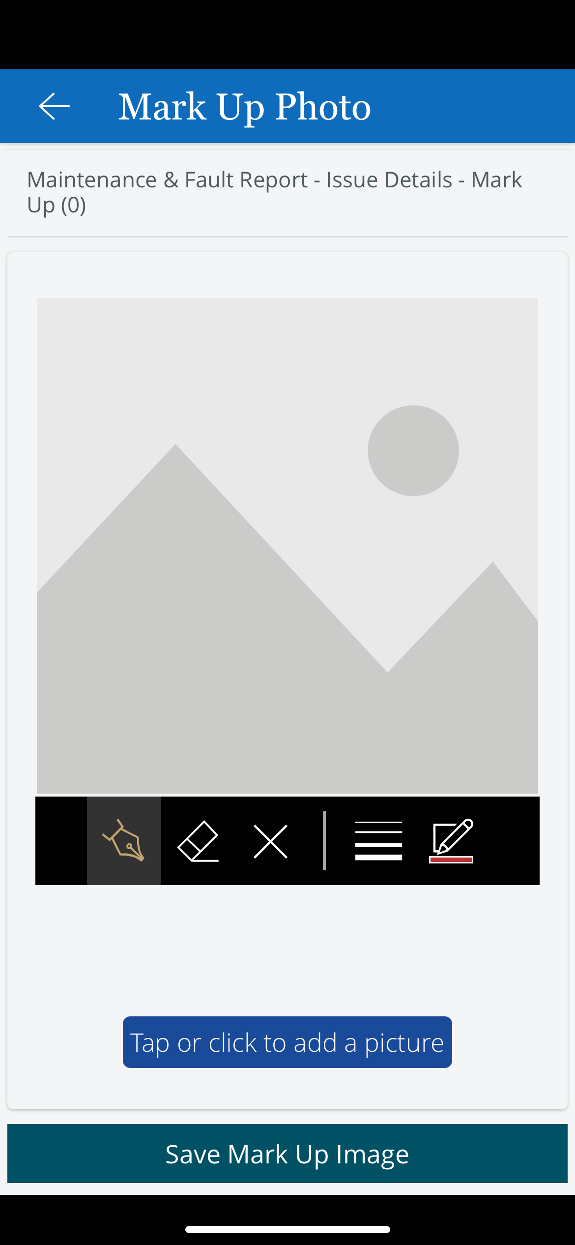 Home Screen -  Issue Details Screen -  Mark Up Photo Screen