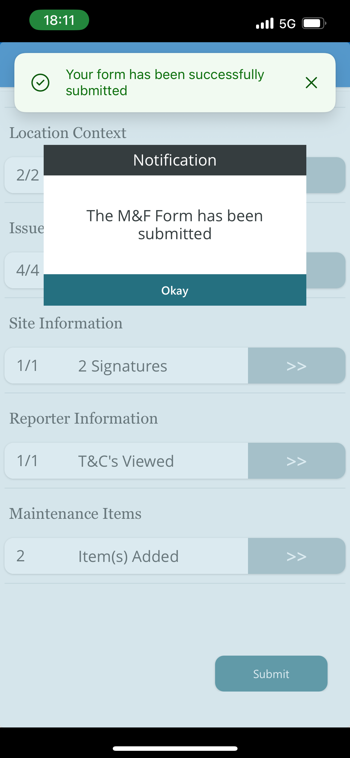 Home Screen

•	A notification informing the user that the form has been successfully submitted. 