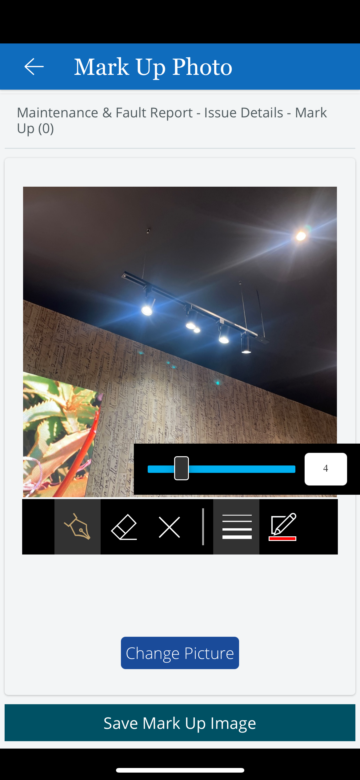 Home Screen -  Issue Details Screen -  Mark Up Photo Screen

•	Select the pen used to add a mark up