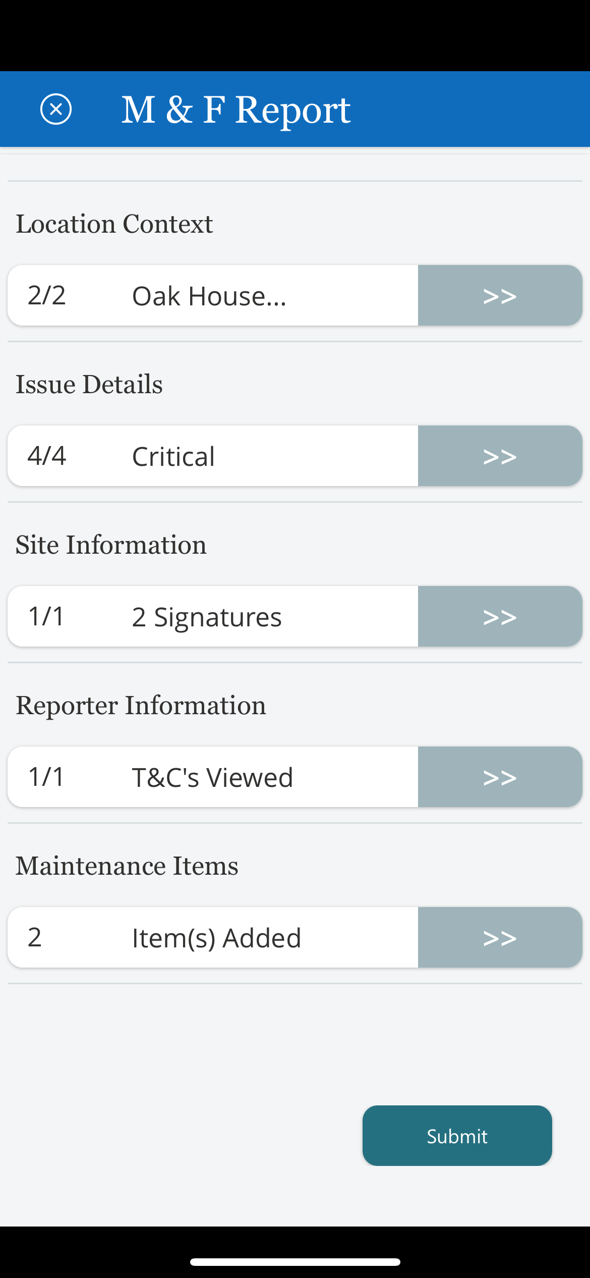 Home Screen 

•	Once the required fields have been filled in. The Submit button becomes selectable. 
