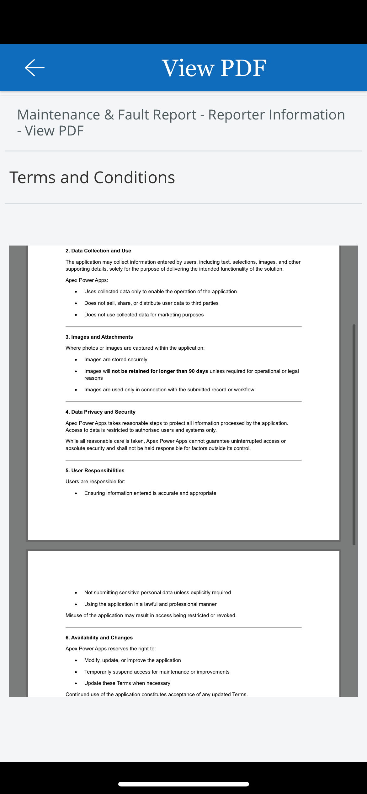 Home Screen -  Site Information Screen -  View PDF Doc i

•	The PDF displayed has been taken from a specific folder. Thus, the back office can change the PDF document whenever they like.