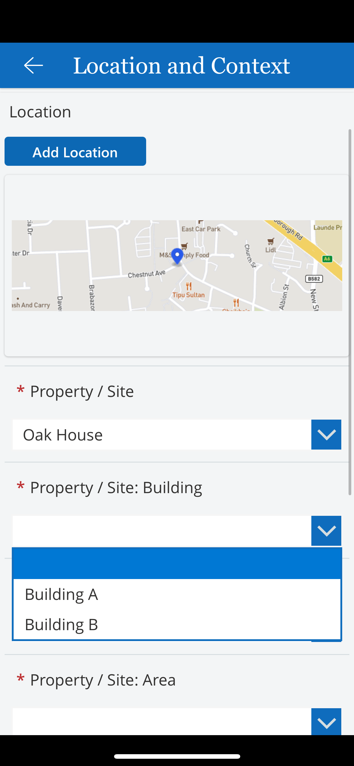 Home Screen -  Location and Context Screen

•	The app captures your current location.

•	The drop-down selections on the Location screen filter depending on the previous selected choices.