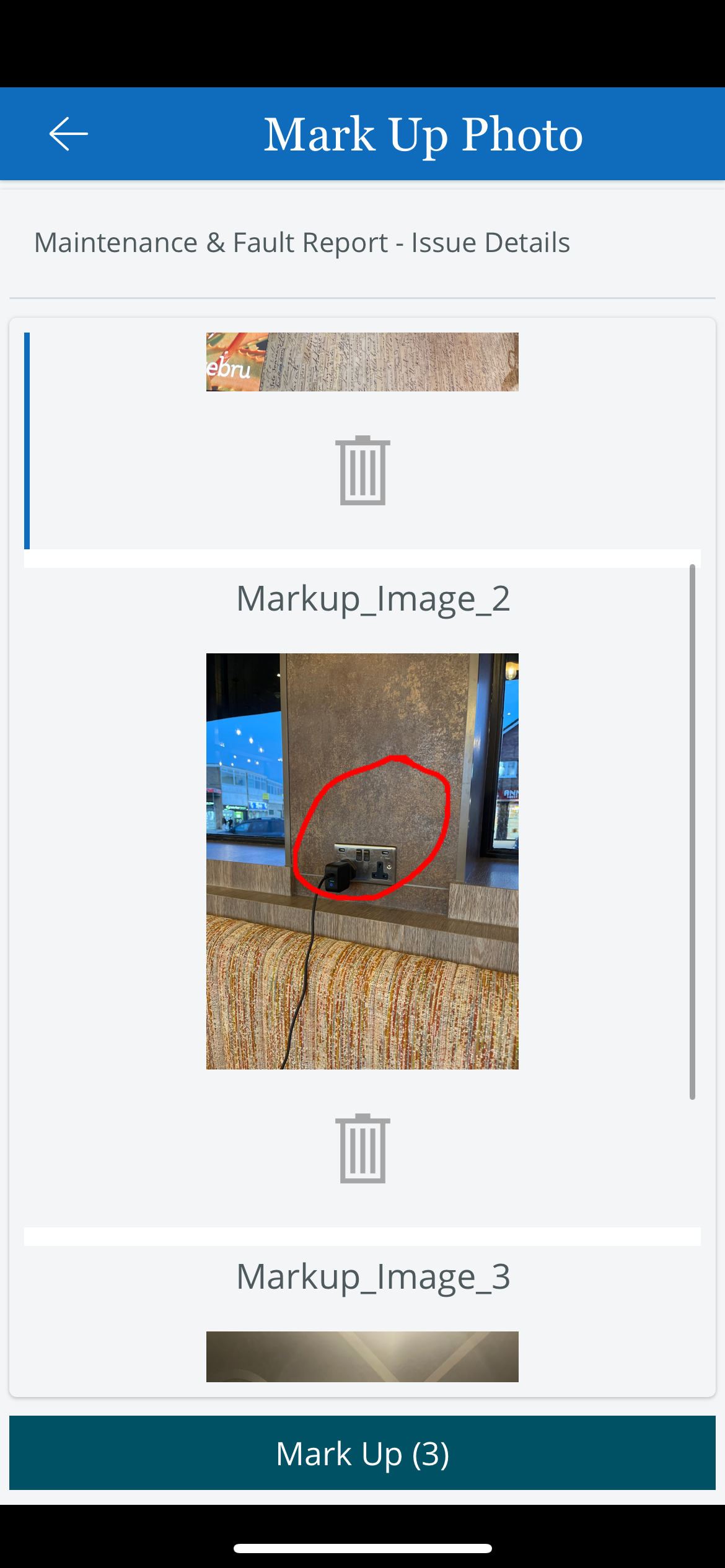 Home Screen -  Issue Details Screen -  View Mark Up Photos 