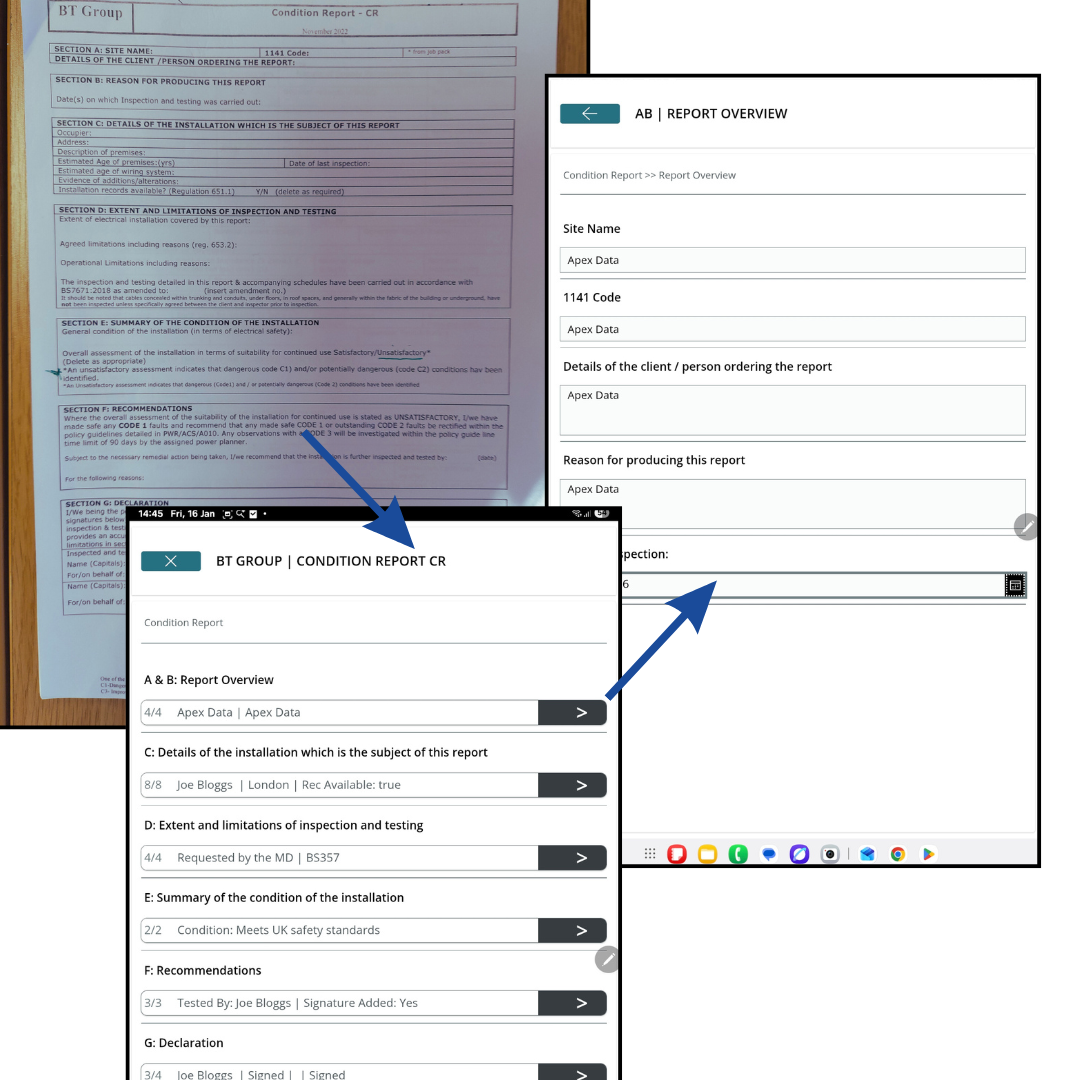 A detailed site condition report, including sections for installation details, inspection limitations, summary, recommendations, declarations, and review of a condition report on a mobile device. Convert paper forms to digital forms. Power Apps.