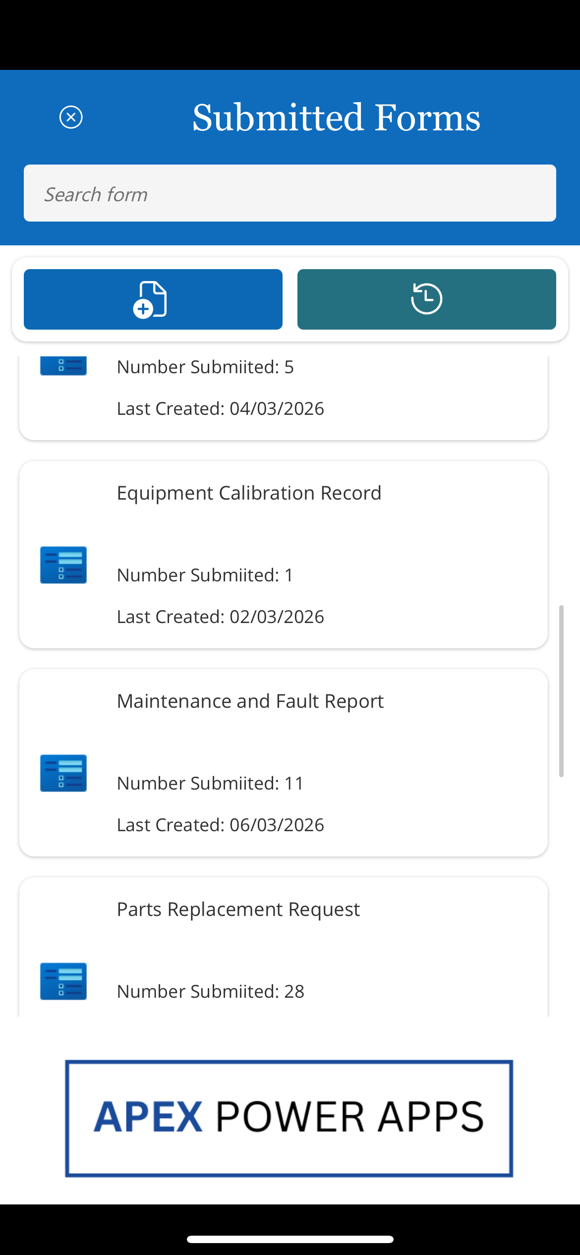 Submission History Screen.

•	Displays the quantity of submissions for each report, and the last submission date.