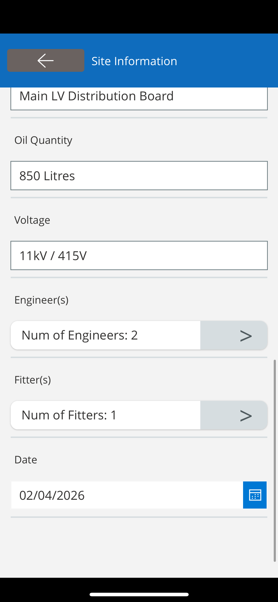 Site Information Screen