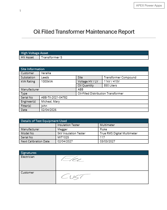 Generated Word Document - Page 1.

This document is sent to the electrician’s email inbox, and it is also saved within the correct SharePoint folder.
