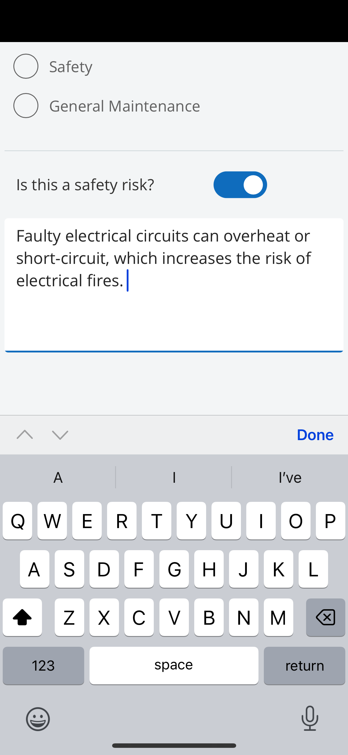 Home Screen -  Location and Context Screen

•	The safety risk text input box, only appears if the user selects the toggle icon.