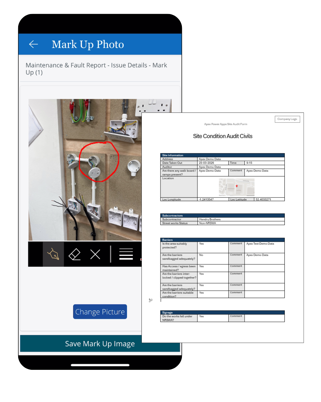Mobile app screen showing a digital photograph of electrical wiring and outlet boxes, with a site condition audit form overlayed. The form includes details such as address, date, time, inspector, and questions about site protection barriers.