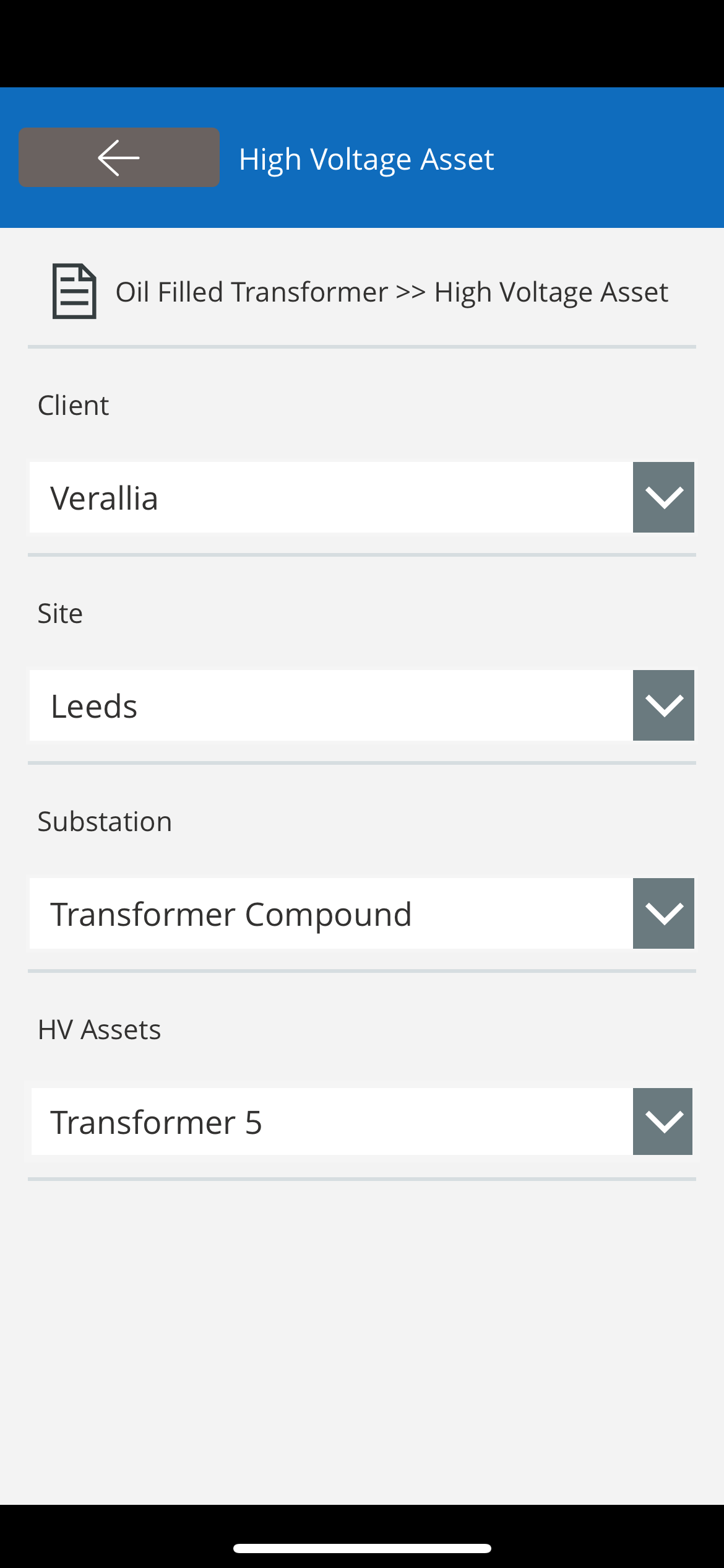 High Voltage Asset Screen.

Each drop down is filtered based on the previous drop down's selected value. Thus, only an existing High Voltage Asset i.e. Transformer 5 can be selected.

It is not possible to select an asset that is placed at another si