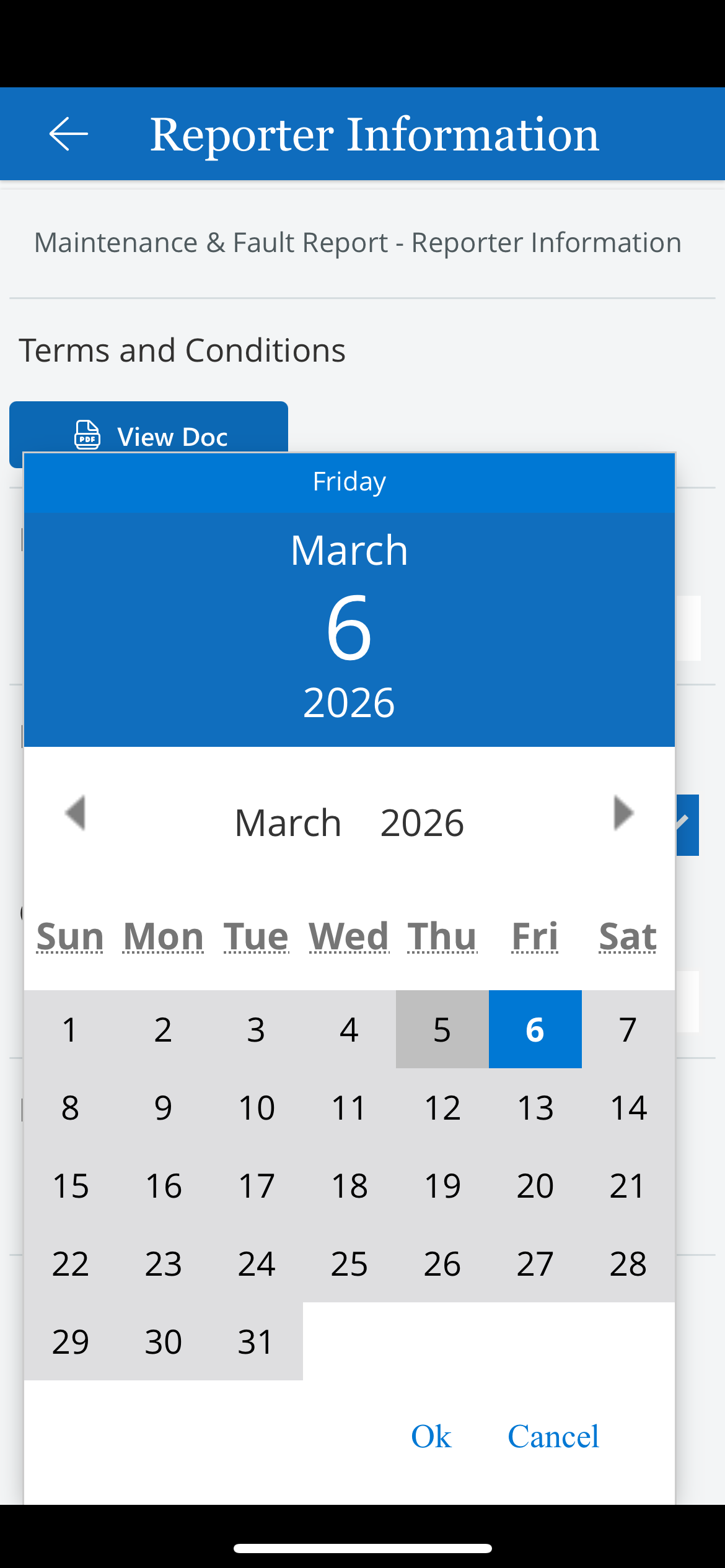 Home Screen -  Site Information Screen

•	Date Selection