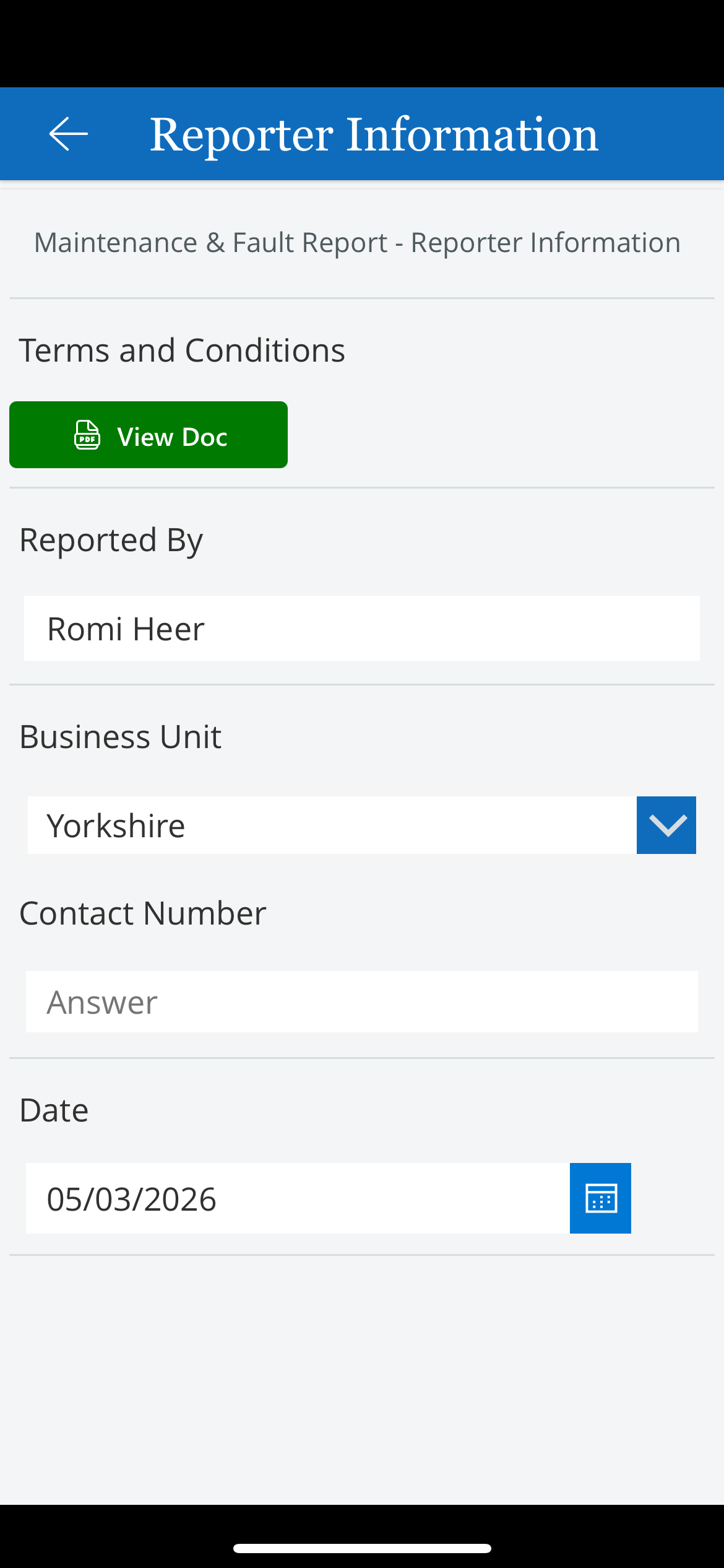 Home Screen -  Reporter Information Screen
