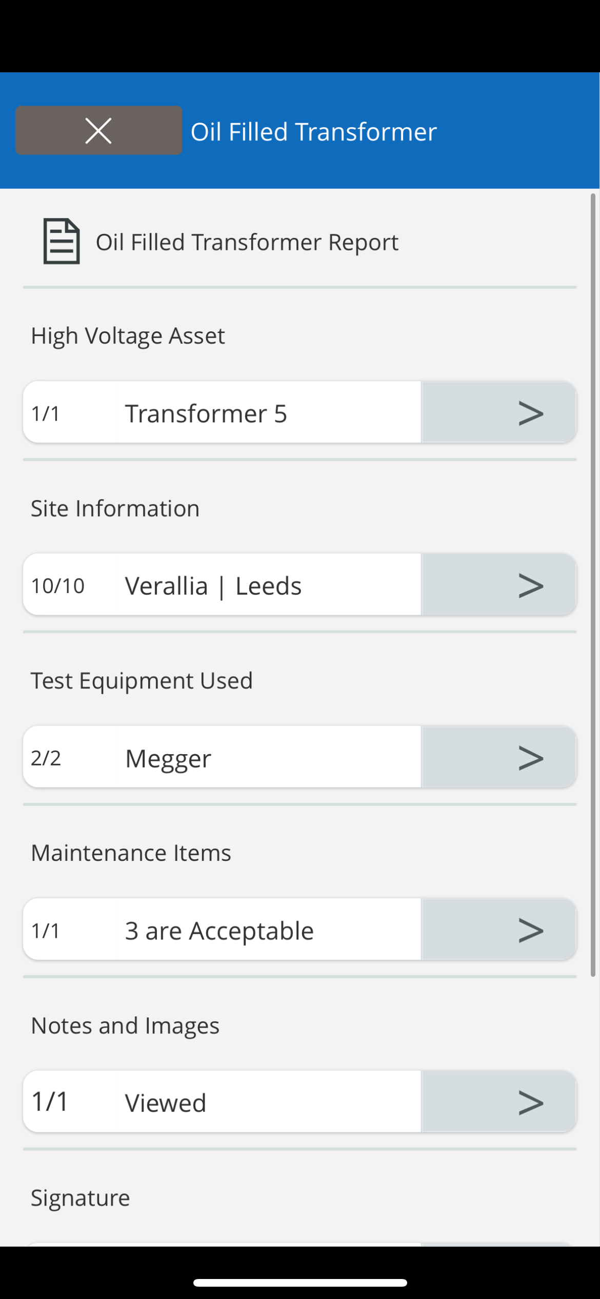 Oil Filled Transformer Maintenance Report - Home Screen. 

With data, ready for submission. 