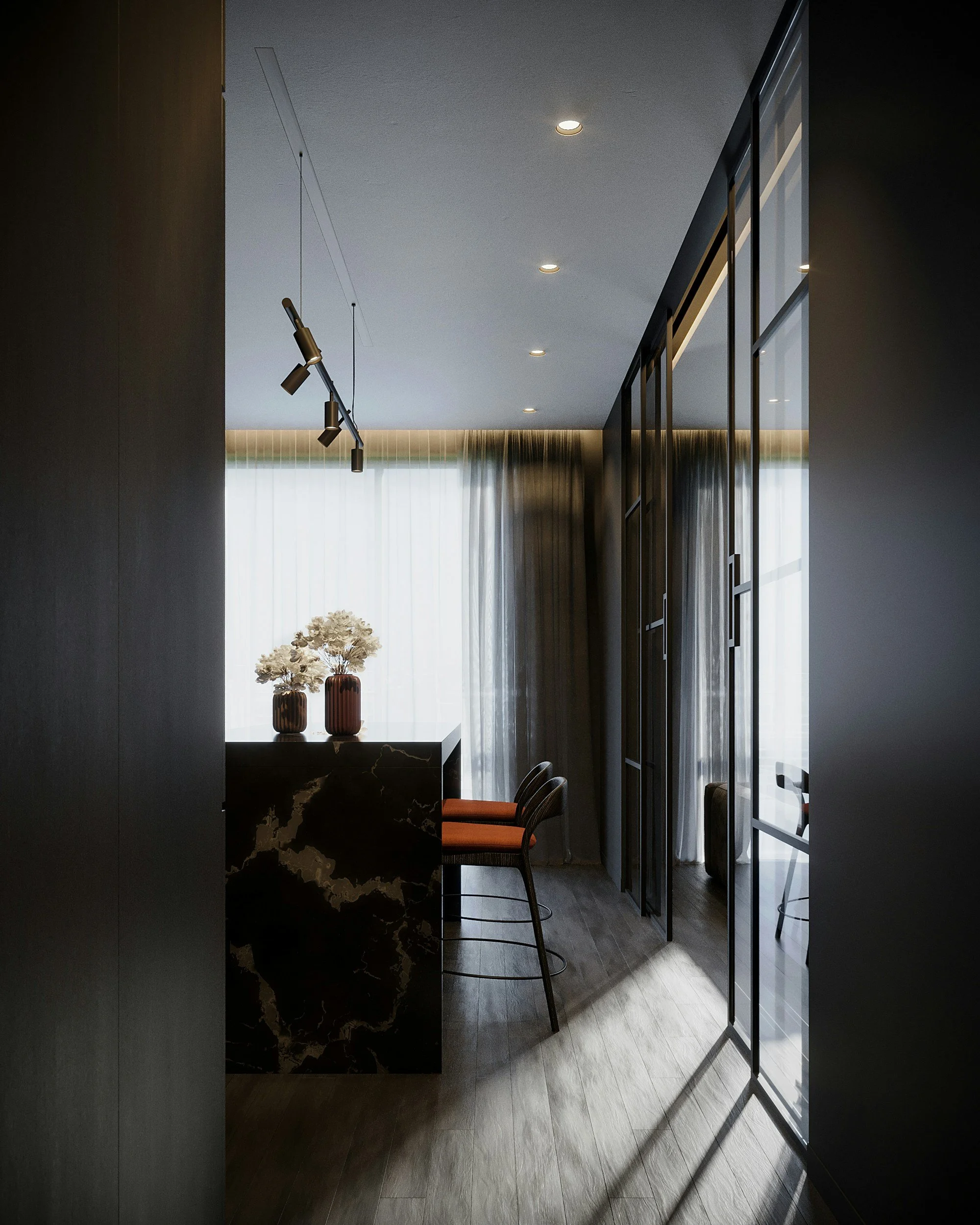 Moderne Küche in warmen Tönen mit Barhockern – Interior Design & Einrichtungsberatung für zeitlose Wohnräume in München.