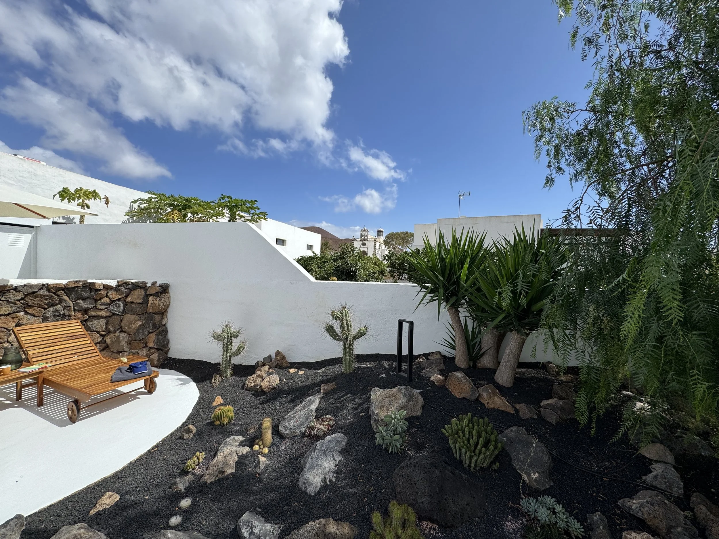 Cactus garden beside the pool at Casitas Santa Rita Lanzarote
