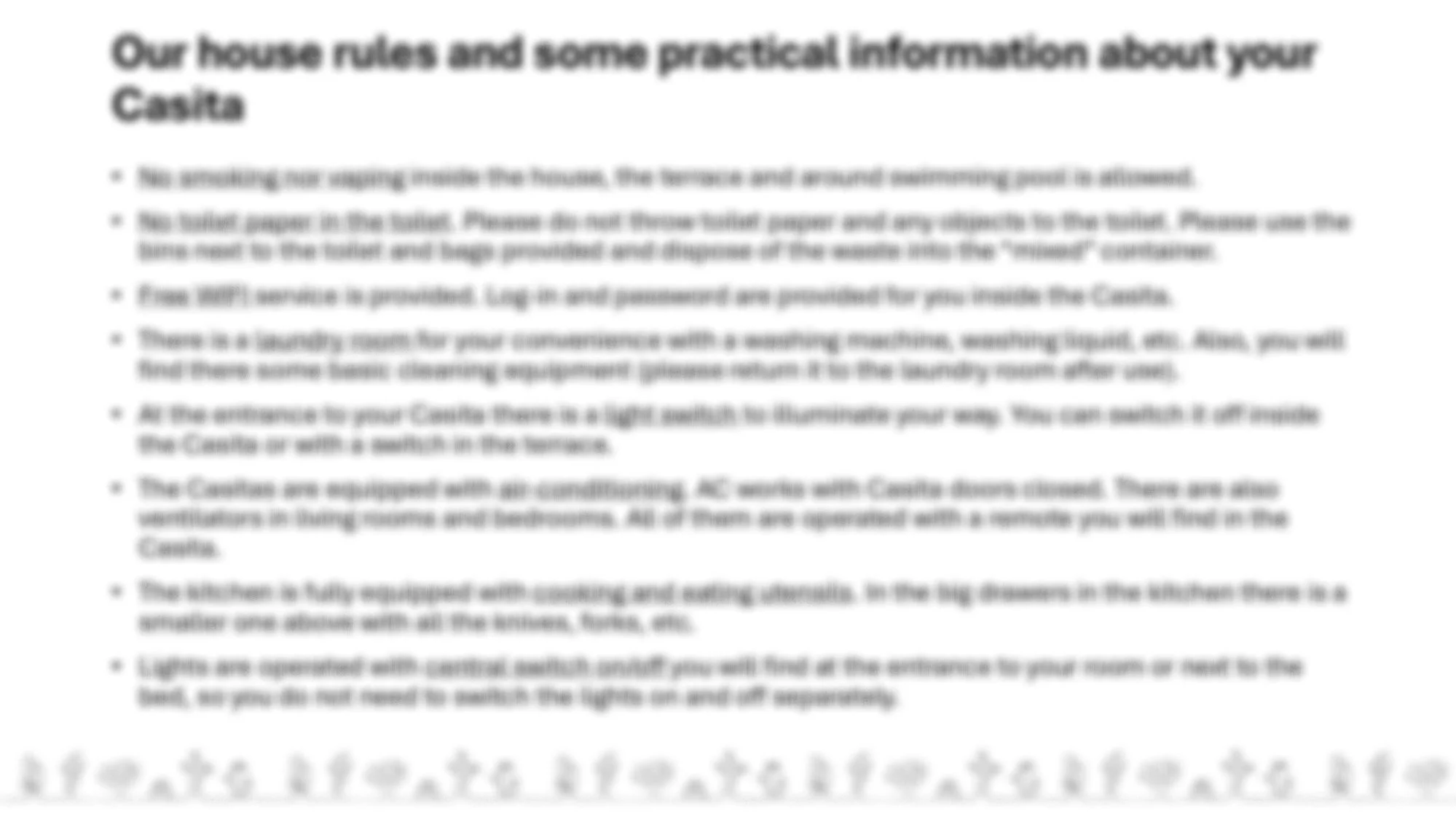 Text document outlining house rules and practical information about the rental, including instructions on key access and safety guidelines.