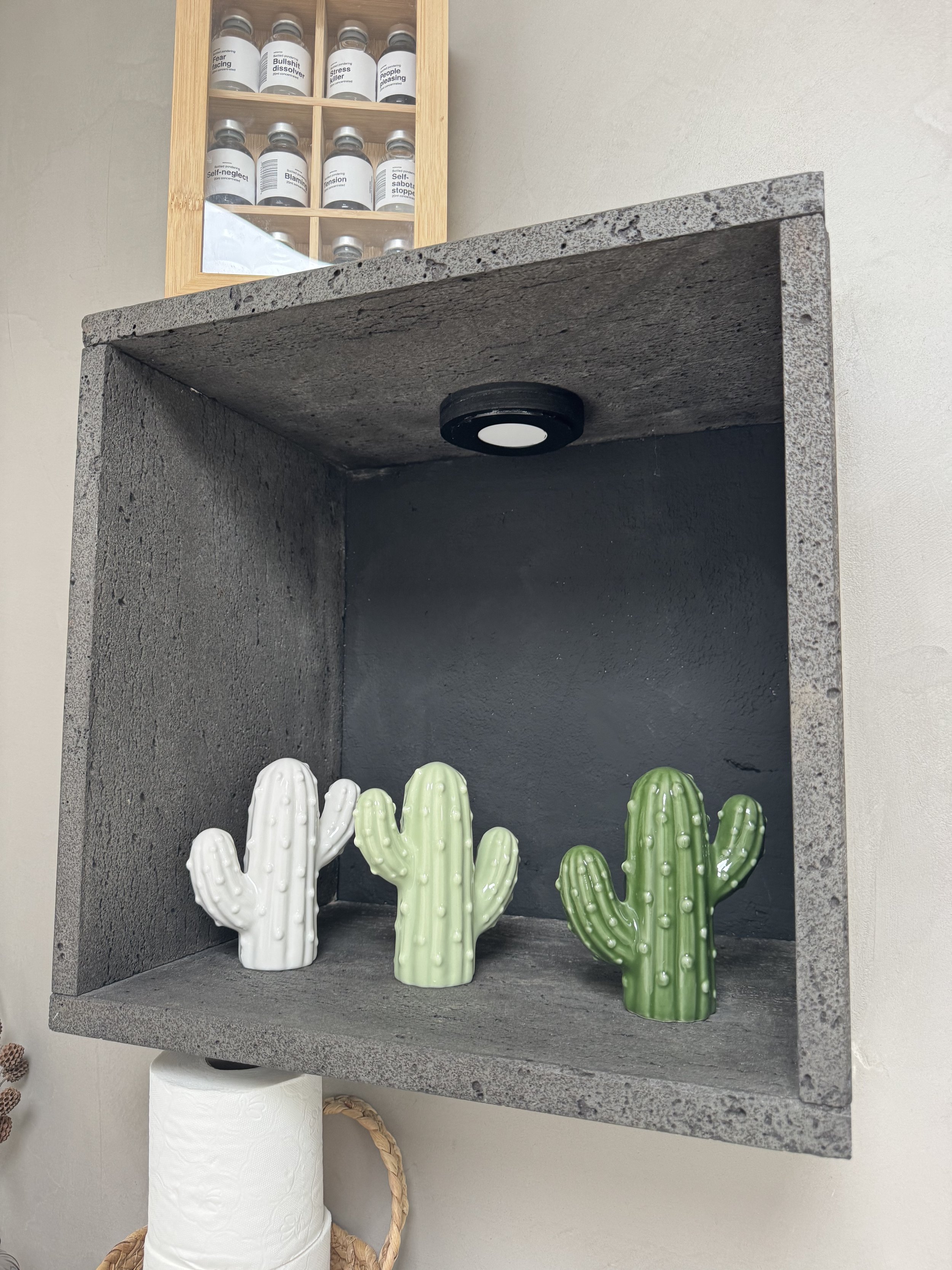 Handmade cactus decor shelf detail inside bathroom at Casita Luna Lanzarote