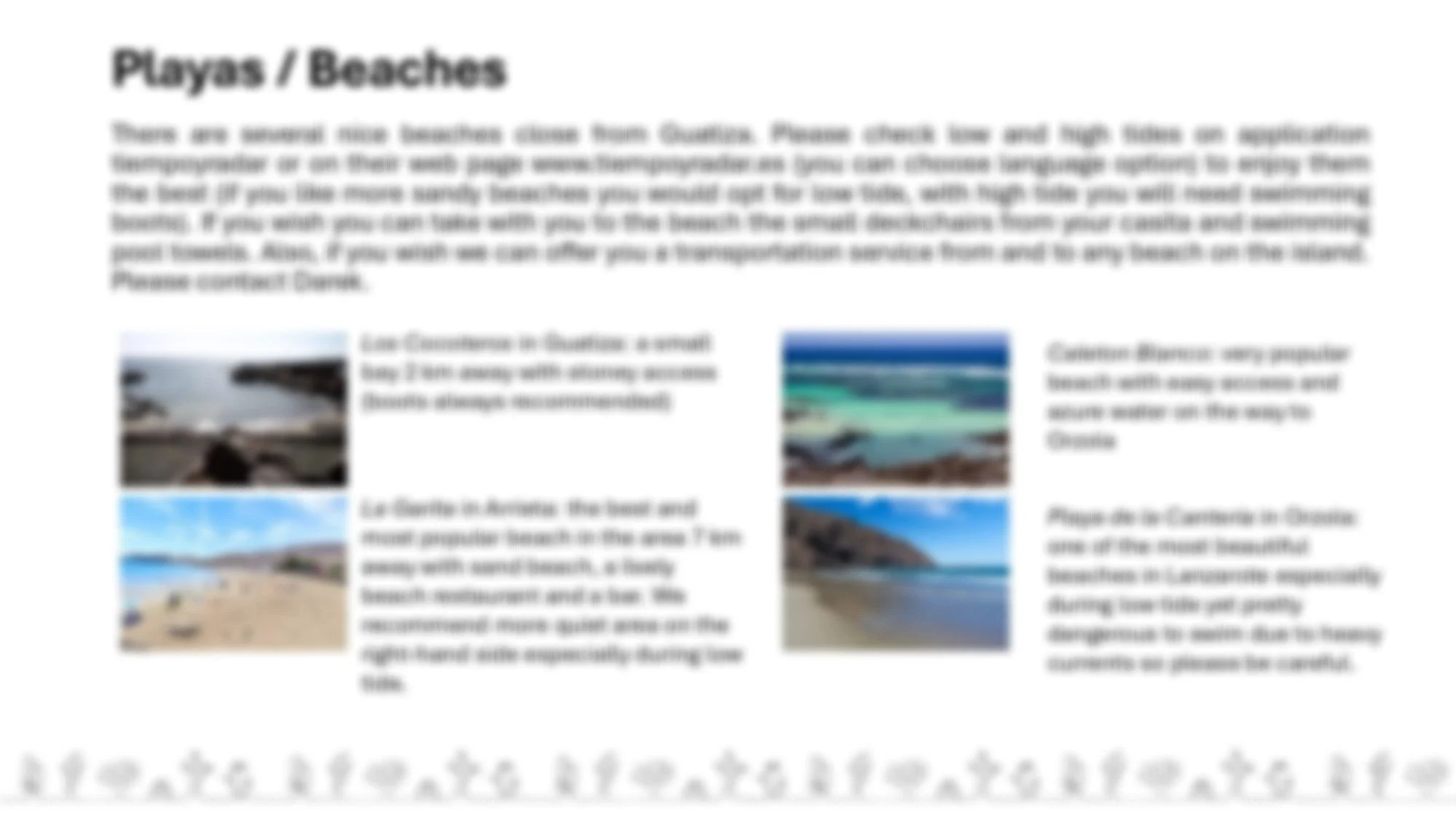 Blurry informational sign about beaches or resorts with some images of beaches and coastal scenery.