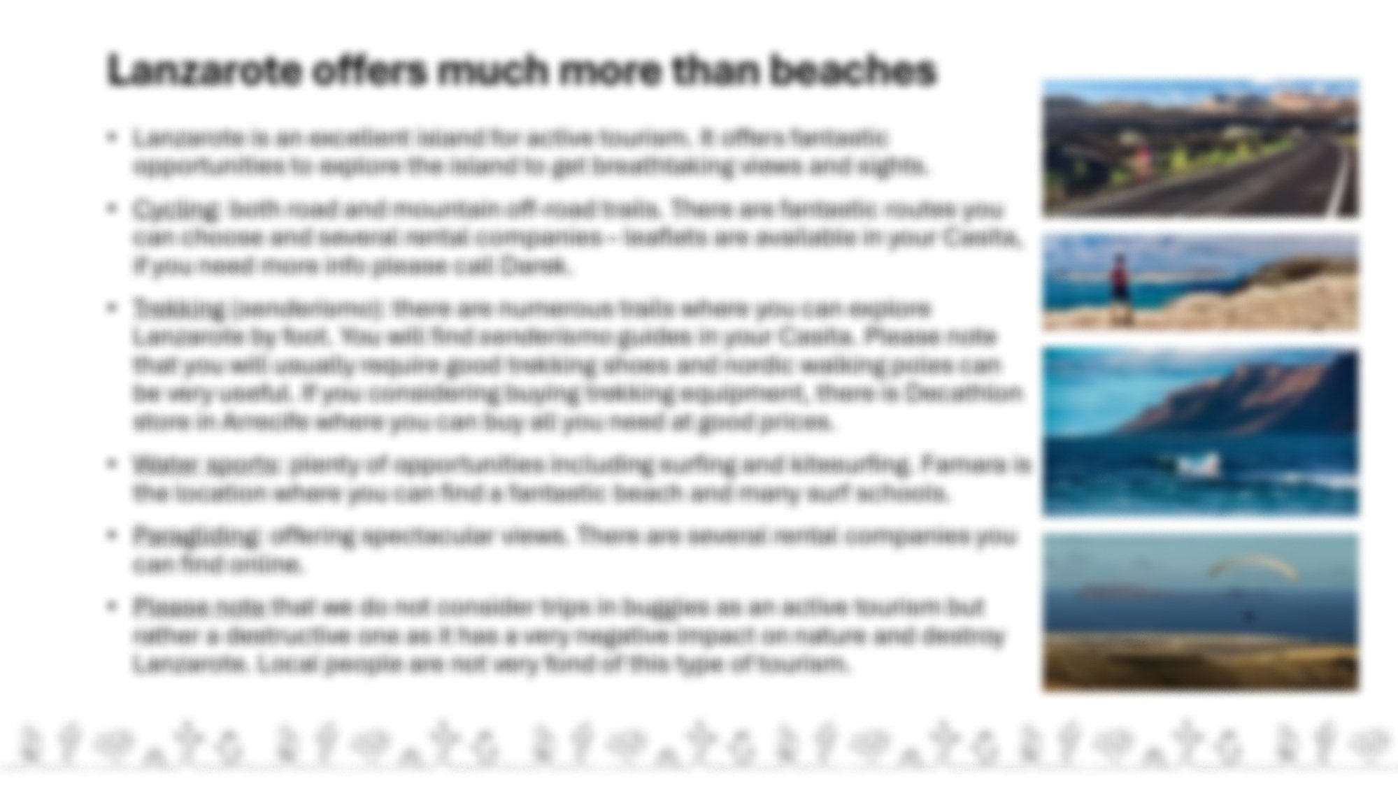 A magazine page with a headline, text, and four images of Lanzarote, including beaches, volcanic landscapes, and water activities.