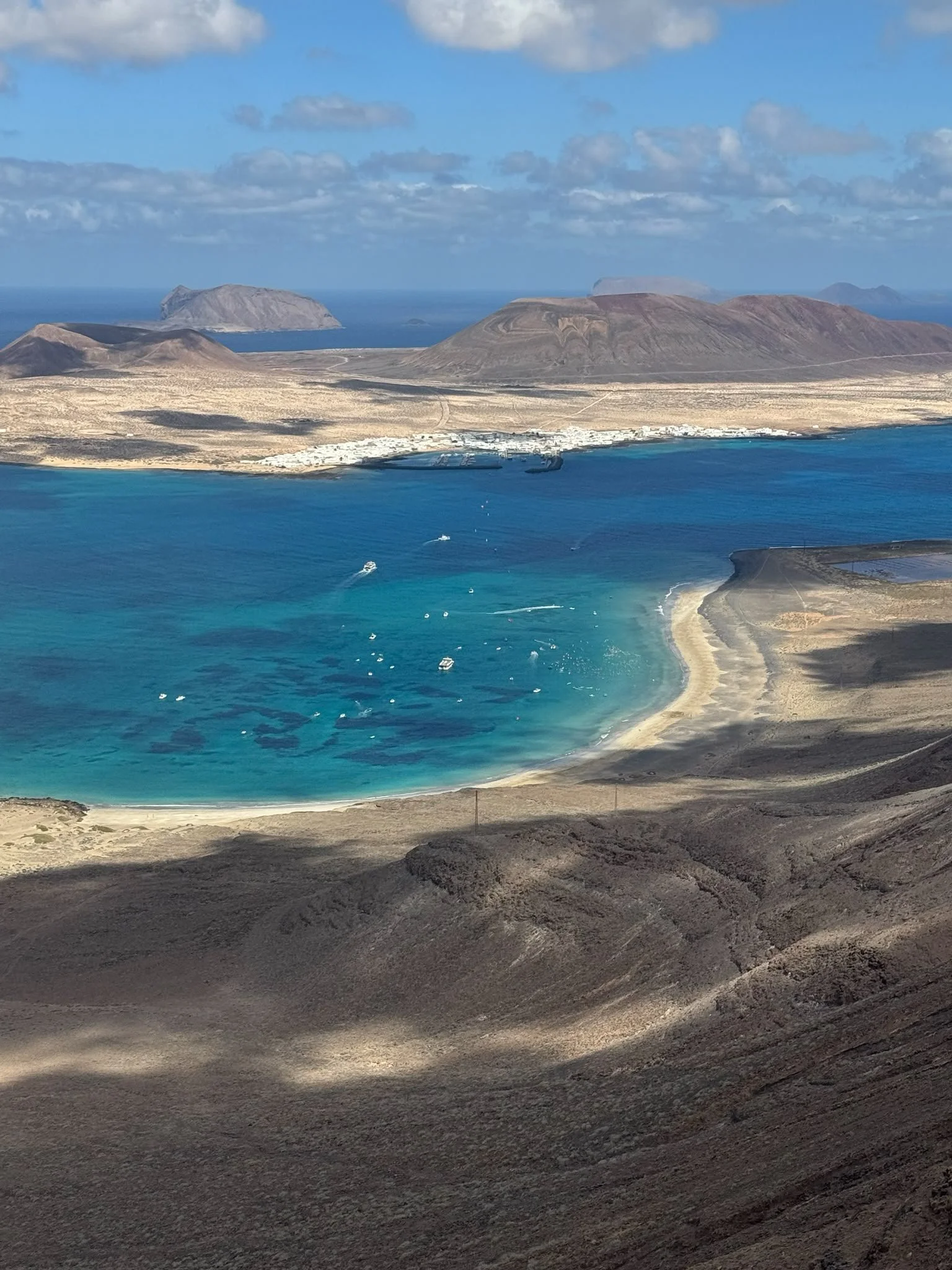 View of Playa del Risco and the Travesía a Nado El Río crossing towards La Graciosa, north Lanzarote