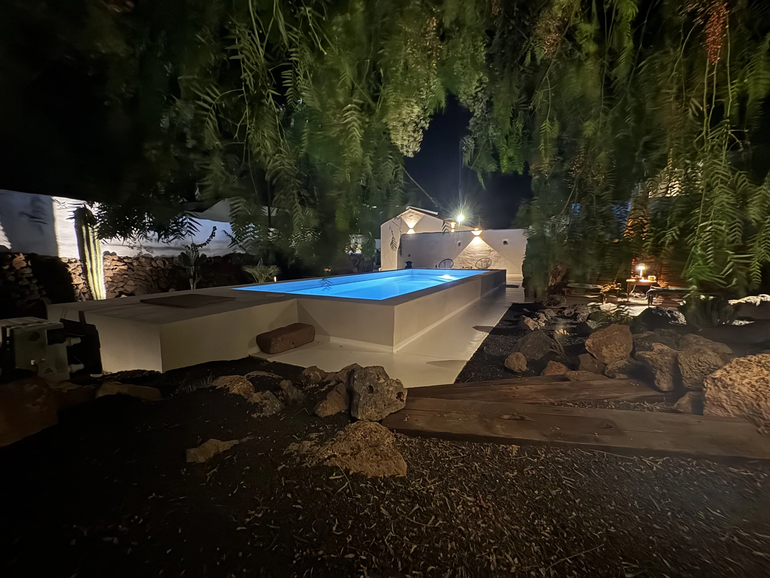 A peaceful shaded corner by the heated pool, perfect for slowing down in Lanzarote.
