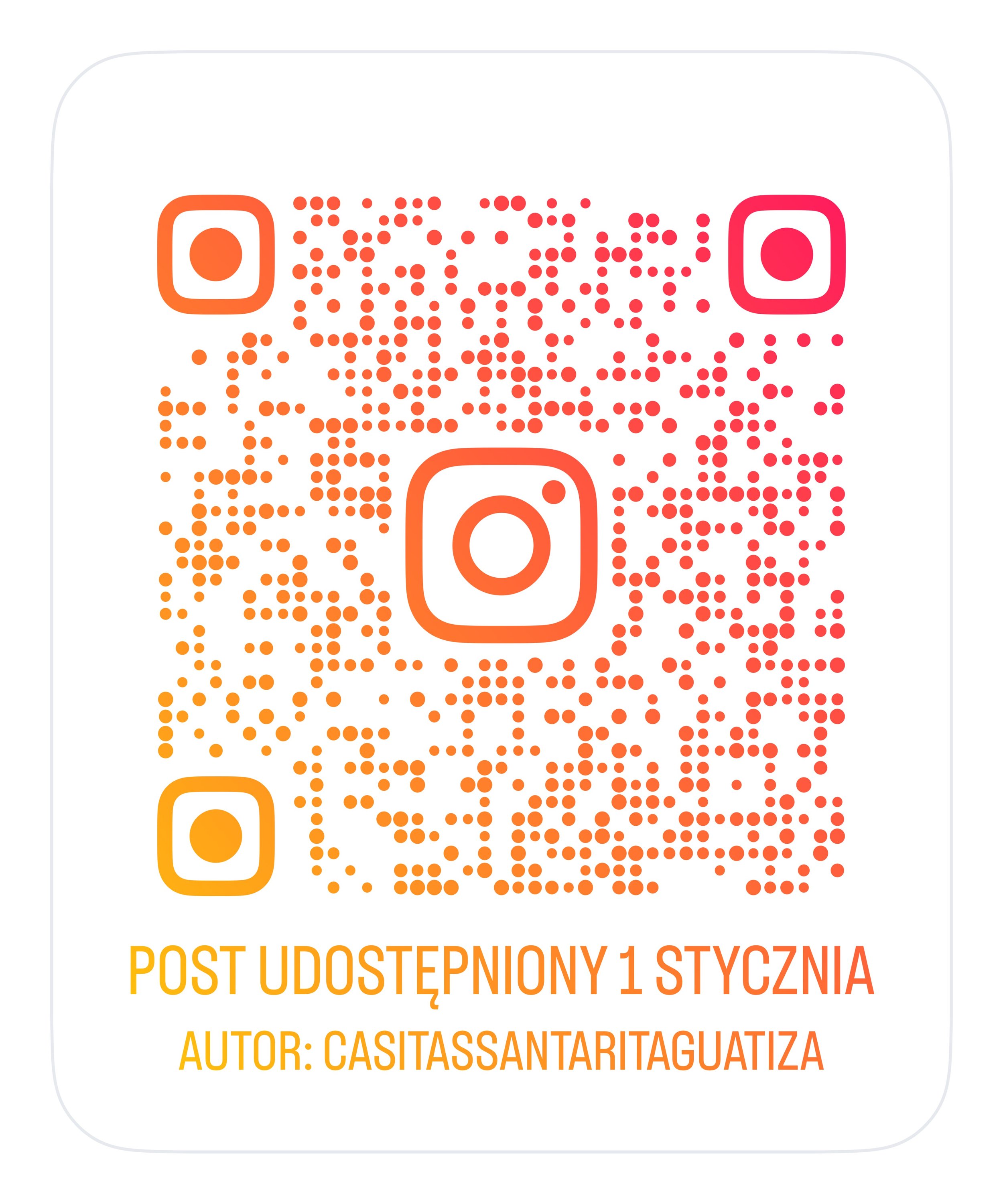 QR code in orange and pink colors with Instagram logo in the center, and text below in Polish indicating the account became private on January 1st, with the author’s name Casitta San Baritagi.
