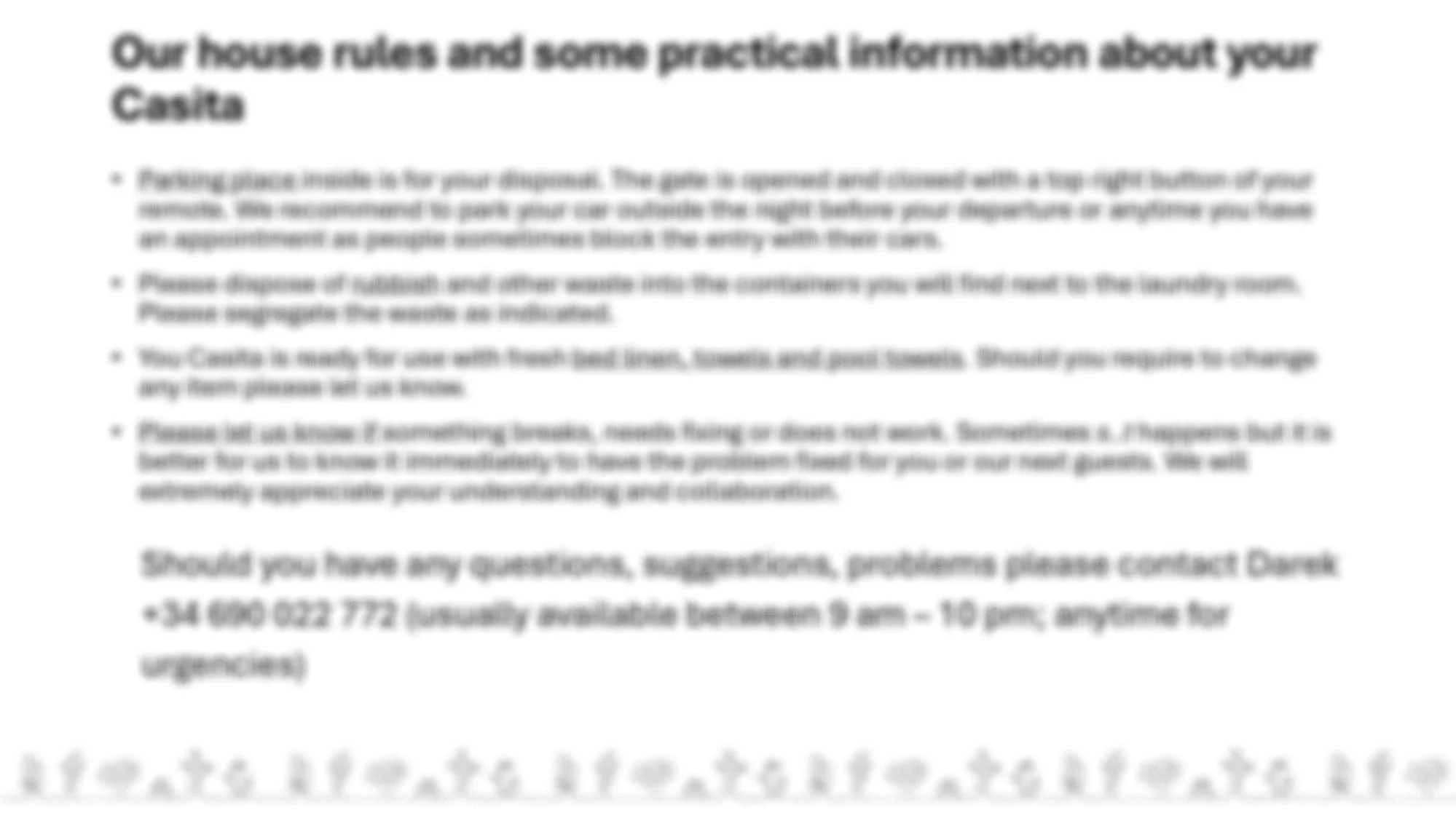 House rules and practical information about the house, including parking instructions, house usage, and contact details, printed on a sheet of paper.