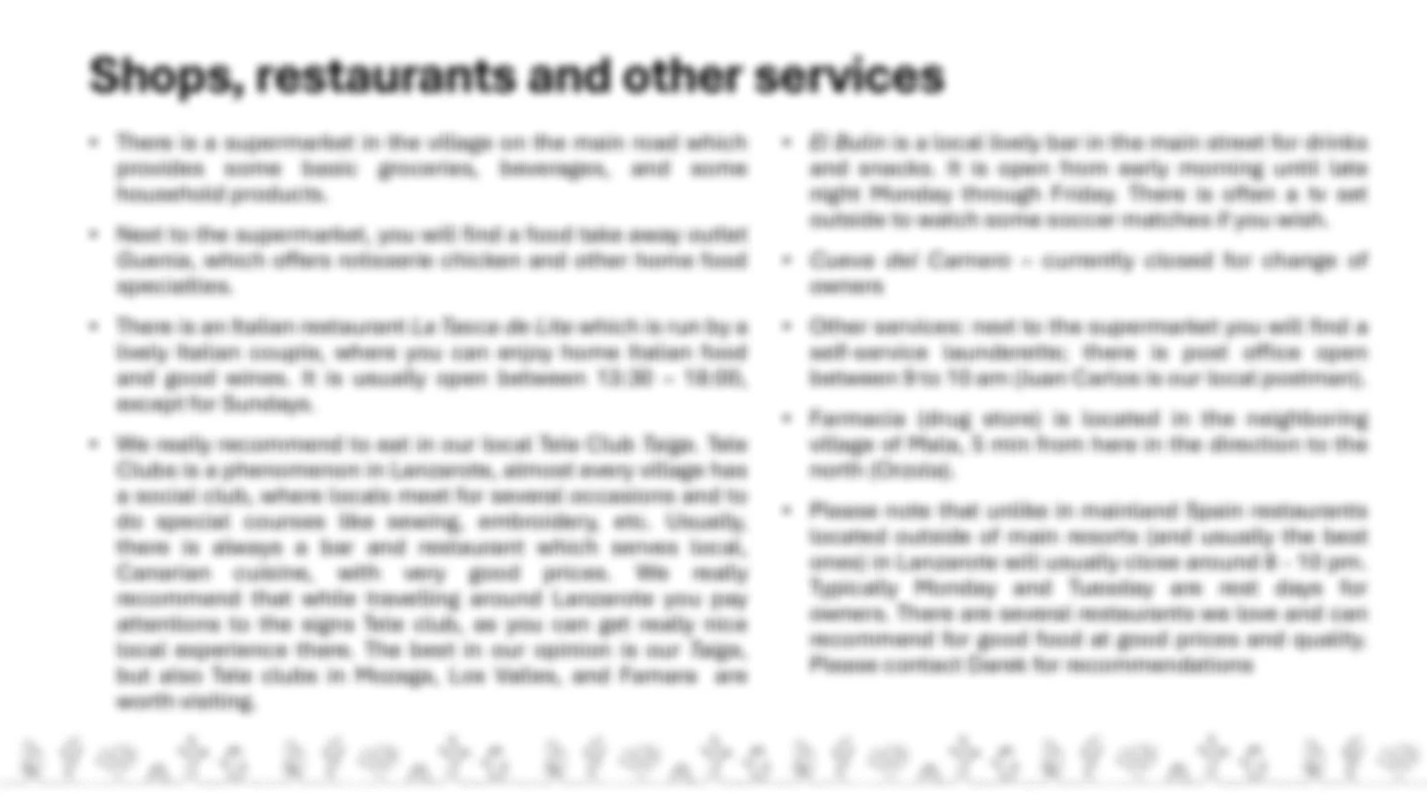 Text document with information about shops, restaurants, and services in the local area, including hours and specific details.