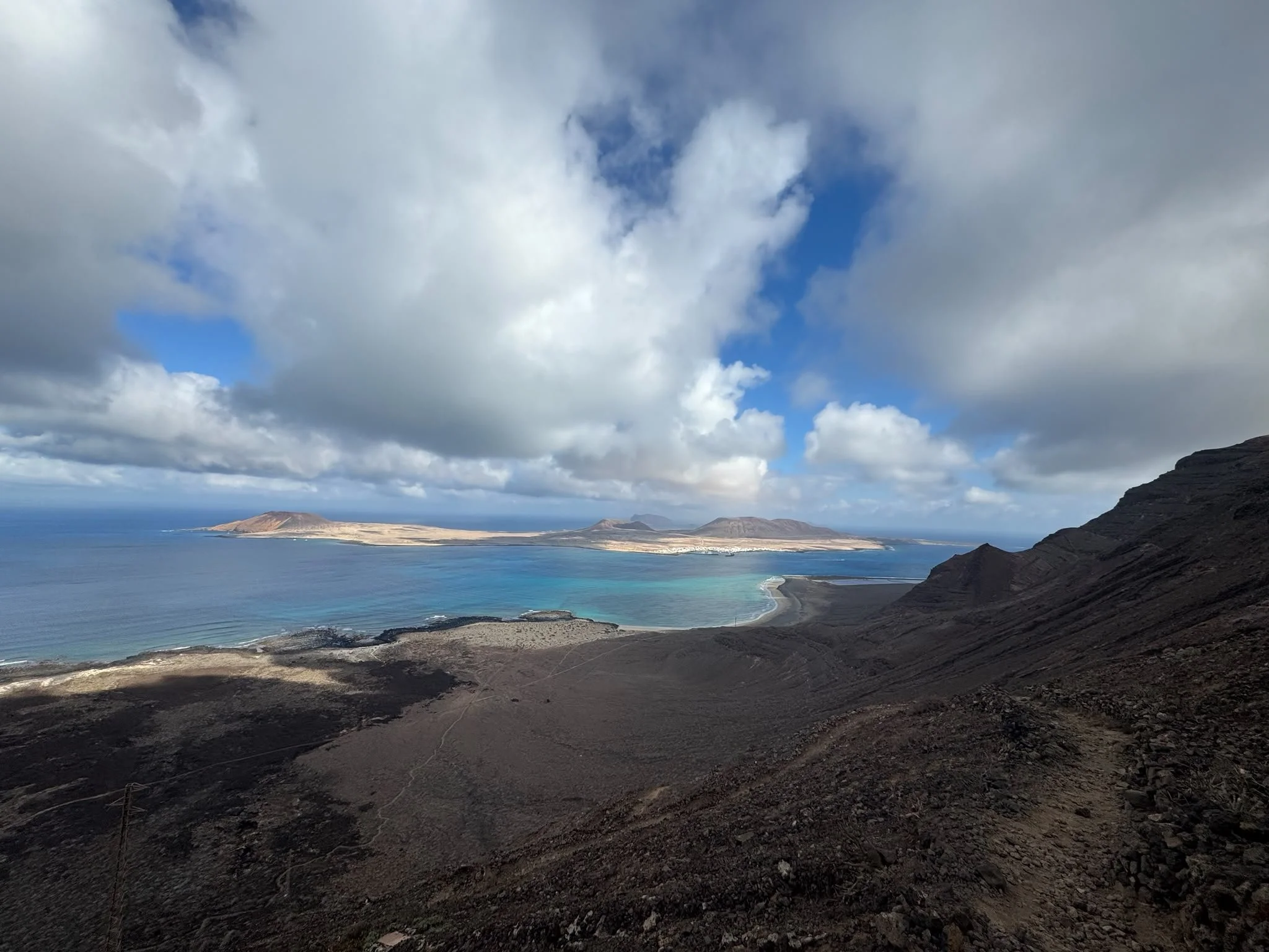 Panoramic view of Camino de los Gracioseros and La Graciosa from the Famara cliffs in north Lanzarote