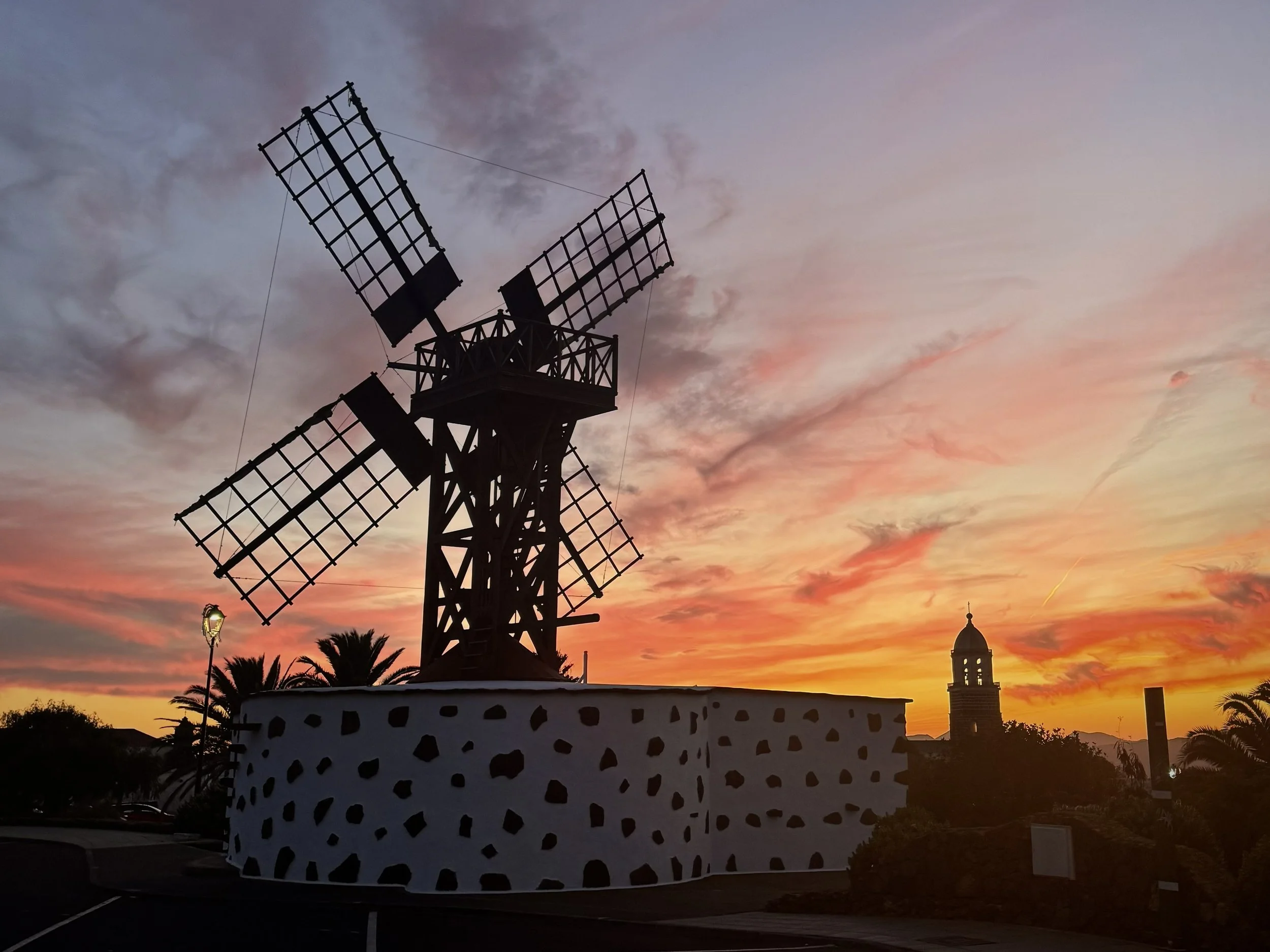 Traditional windmill in Teguise at sunset, Lanzarote