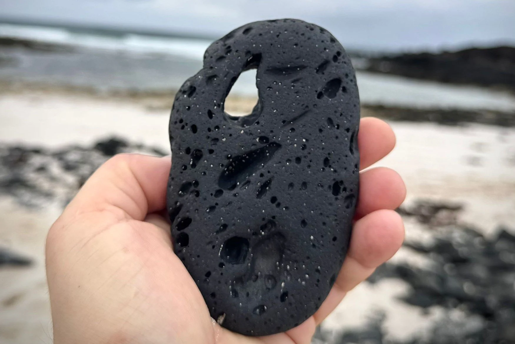 Close-up of porous black volcanic rock held against the coast of northern Lanzarote.