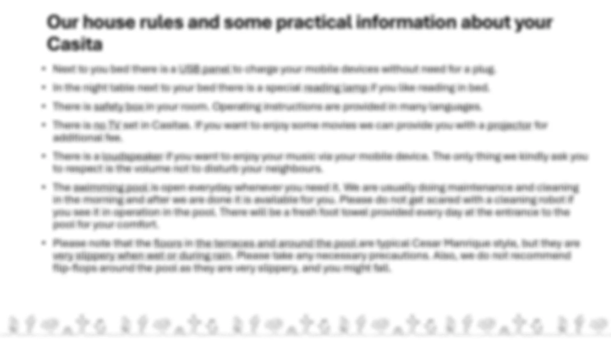 Text listing house rules and practical information about a guest's stay.
