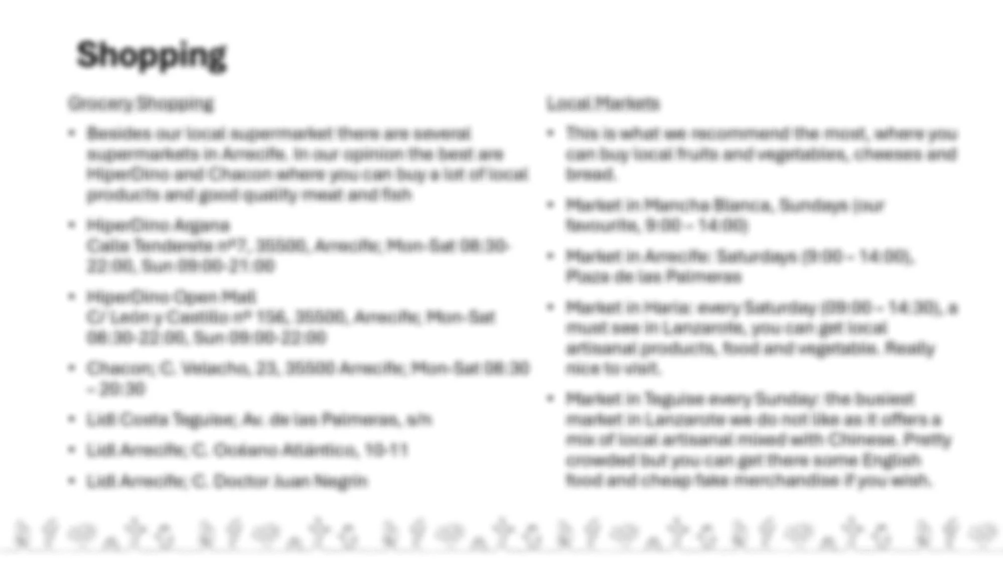 Blurred text from a shopping flyer or flyer with store locations and product promotions.