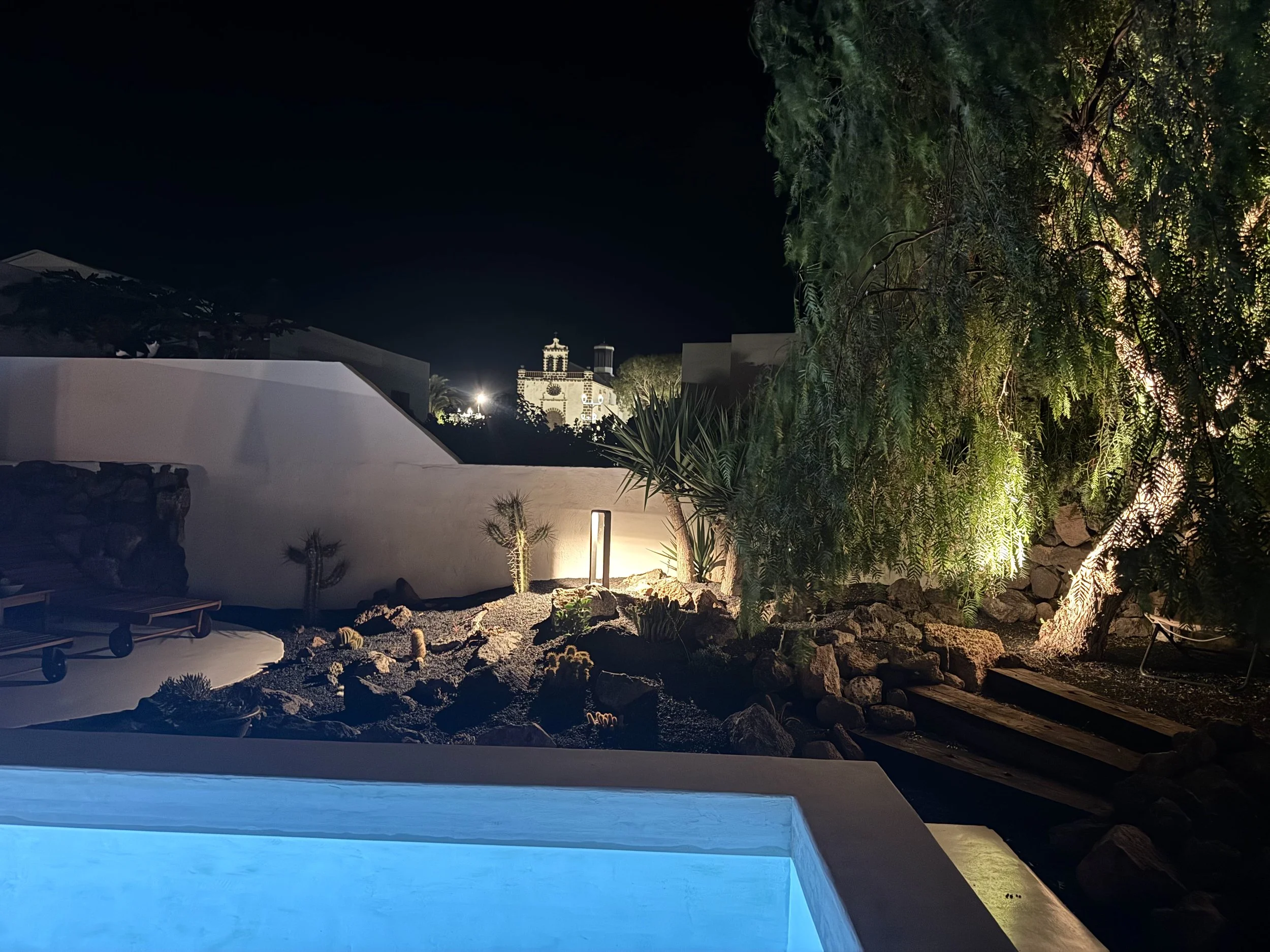 Experiencia slow living junto a la piscina rodeada de jardines volcánicos y palmeras en Lanzarote
