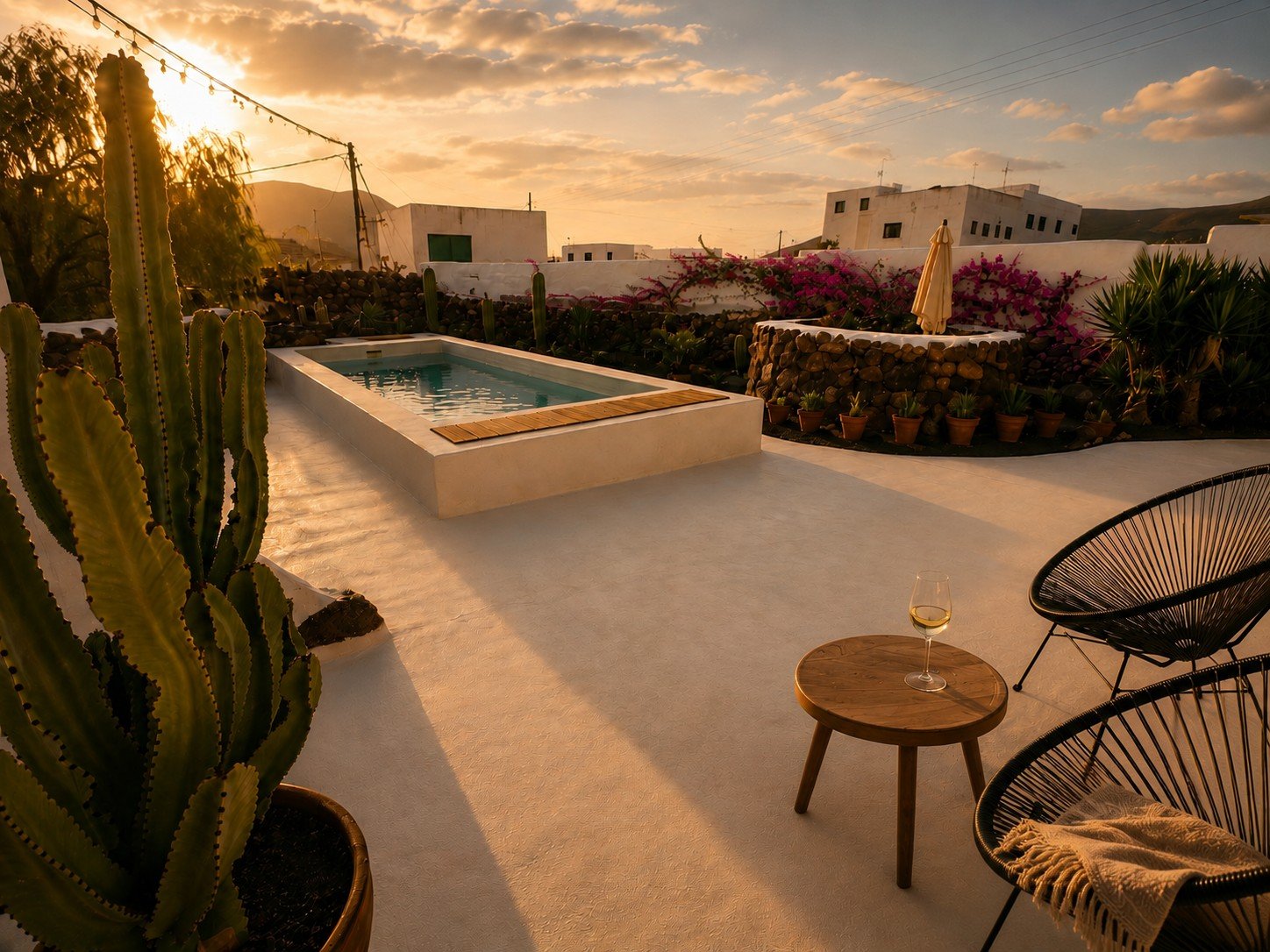 Pool terrace and cactus garden in the warm evening light at Casitas Santa Rita, Lanzarote