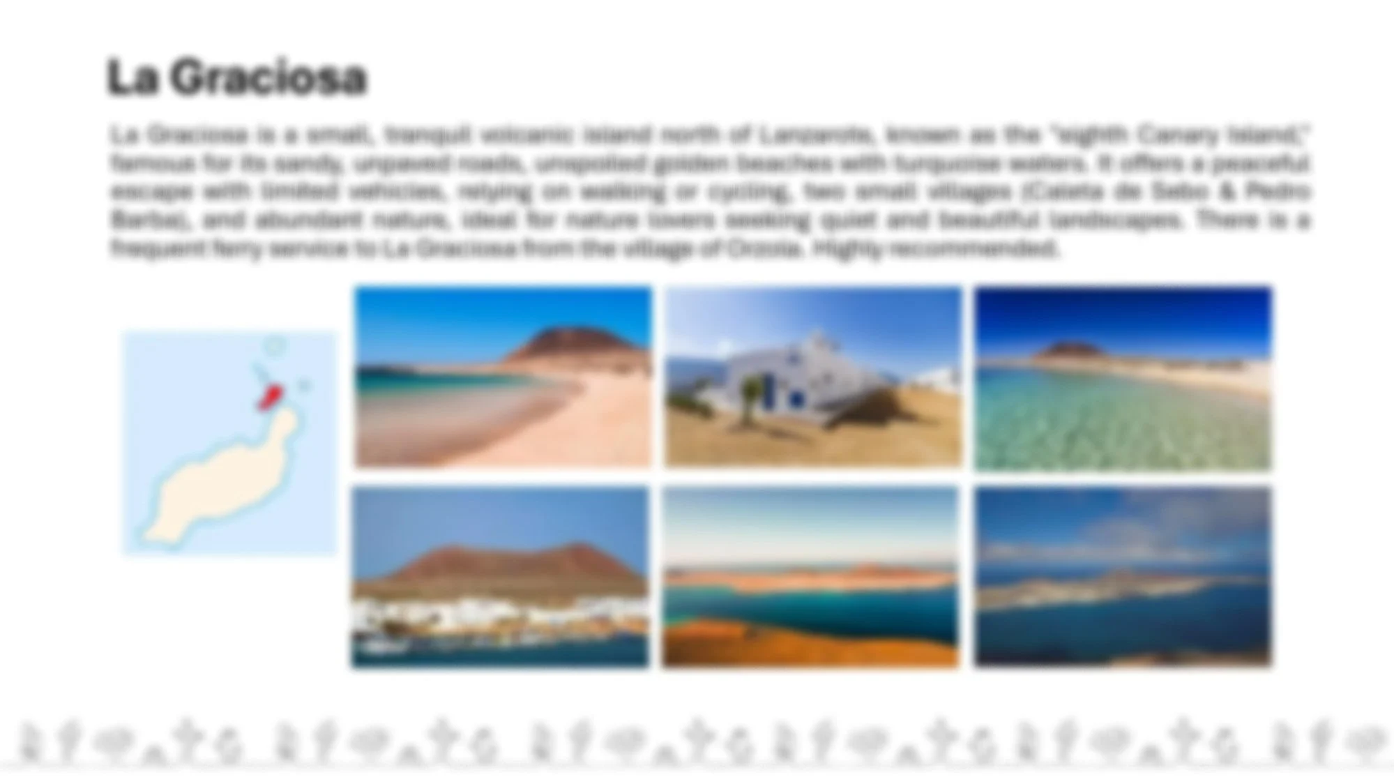 Summary about La Graciosa with images of beaches, a white house, and natural scenery.