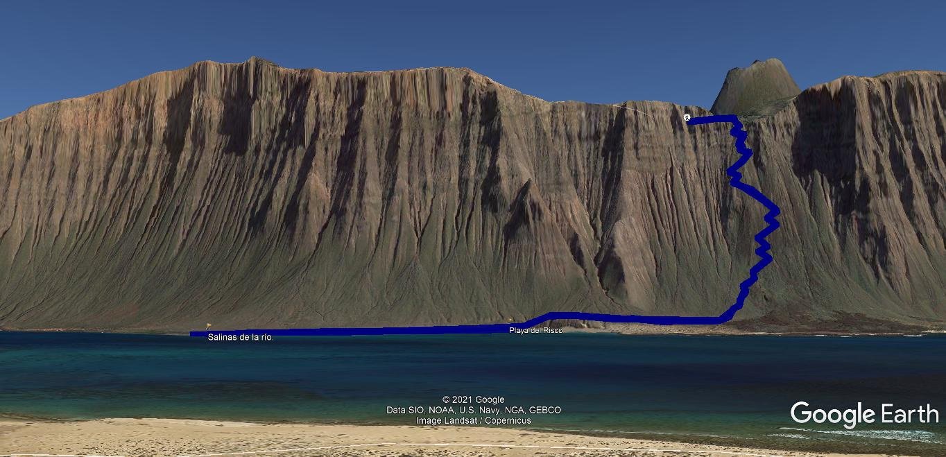 Route of Camino de los Gracioseros climbing the Famara cliffs above Playa del Risco