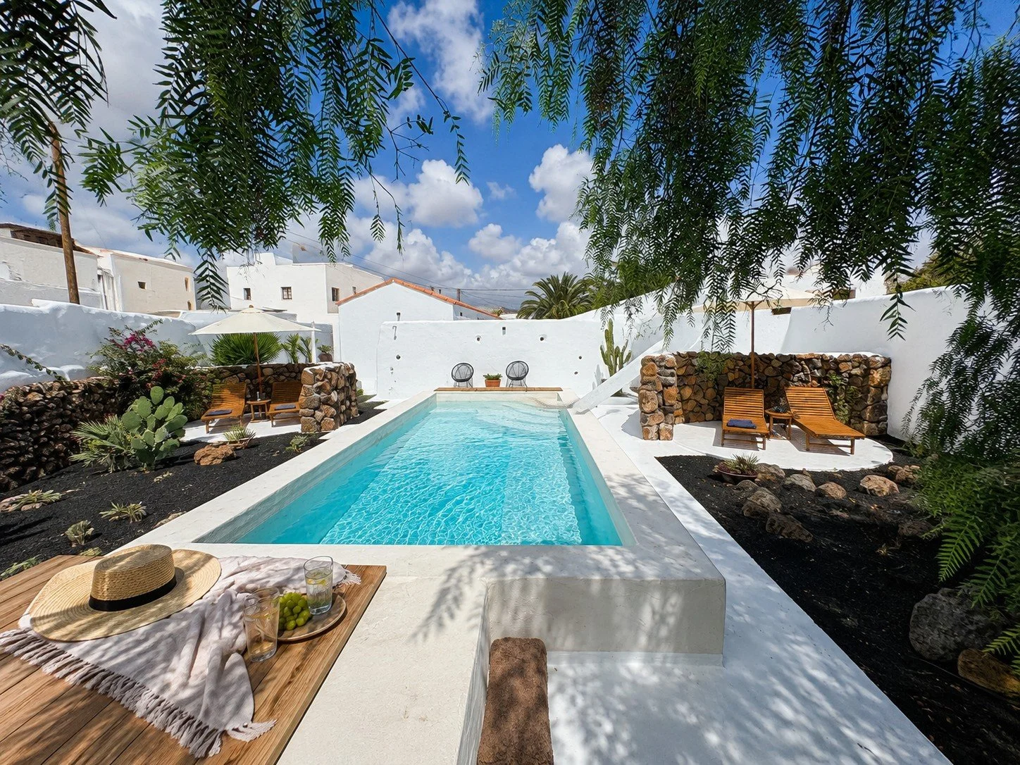 Heated swimming pool and peaceful garden at Casitas Santa Rita in Guatiza, north Lanzarote.