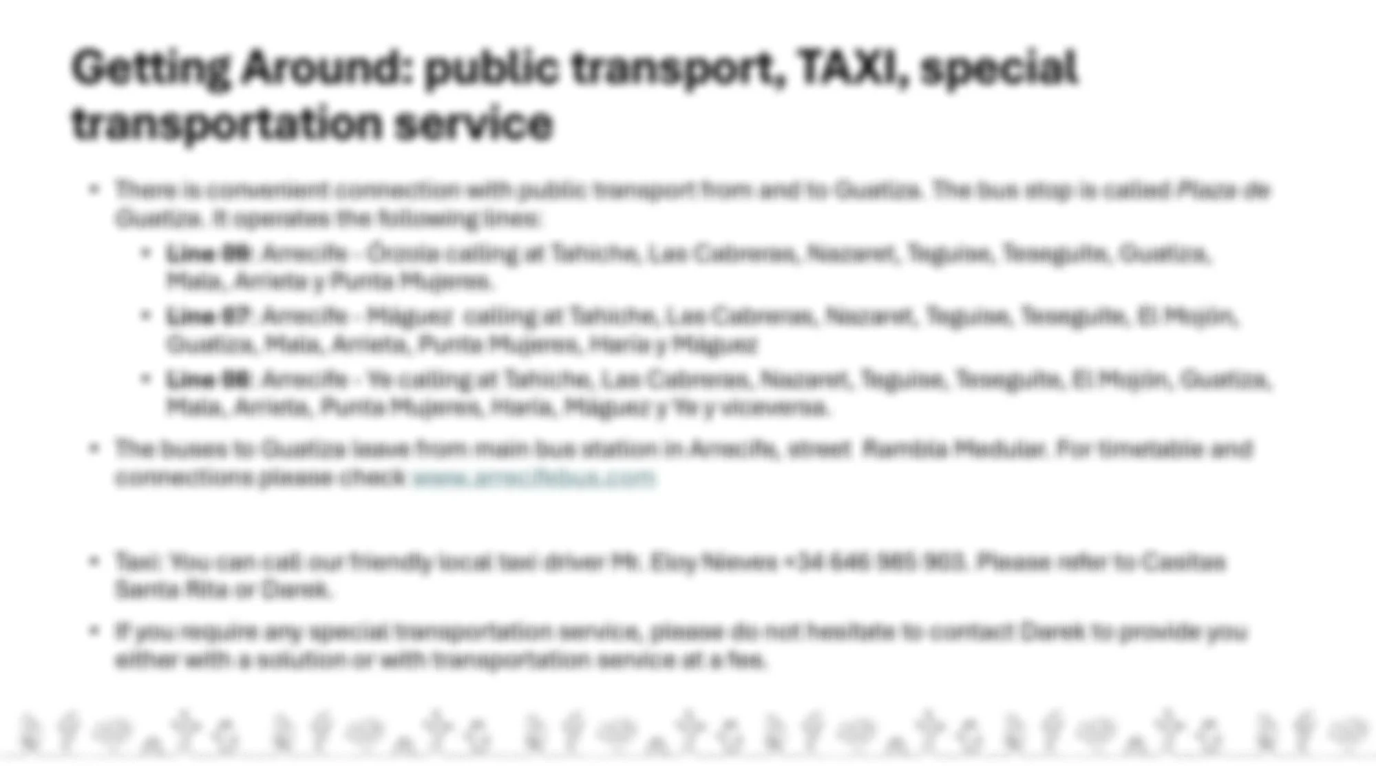 A blurred document page with a title about transportation options, listing various routes and contact information.