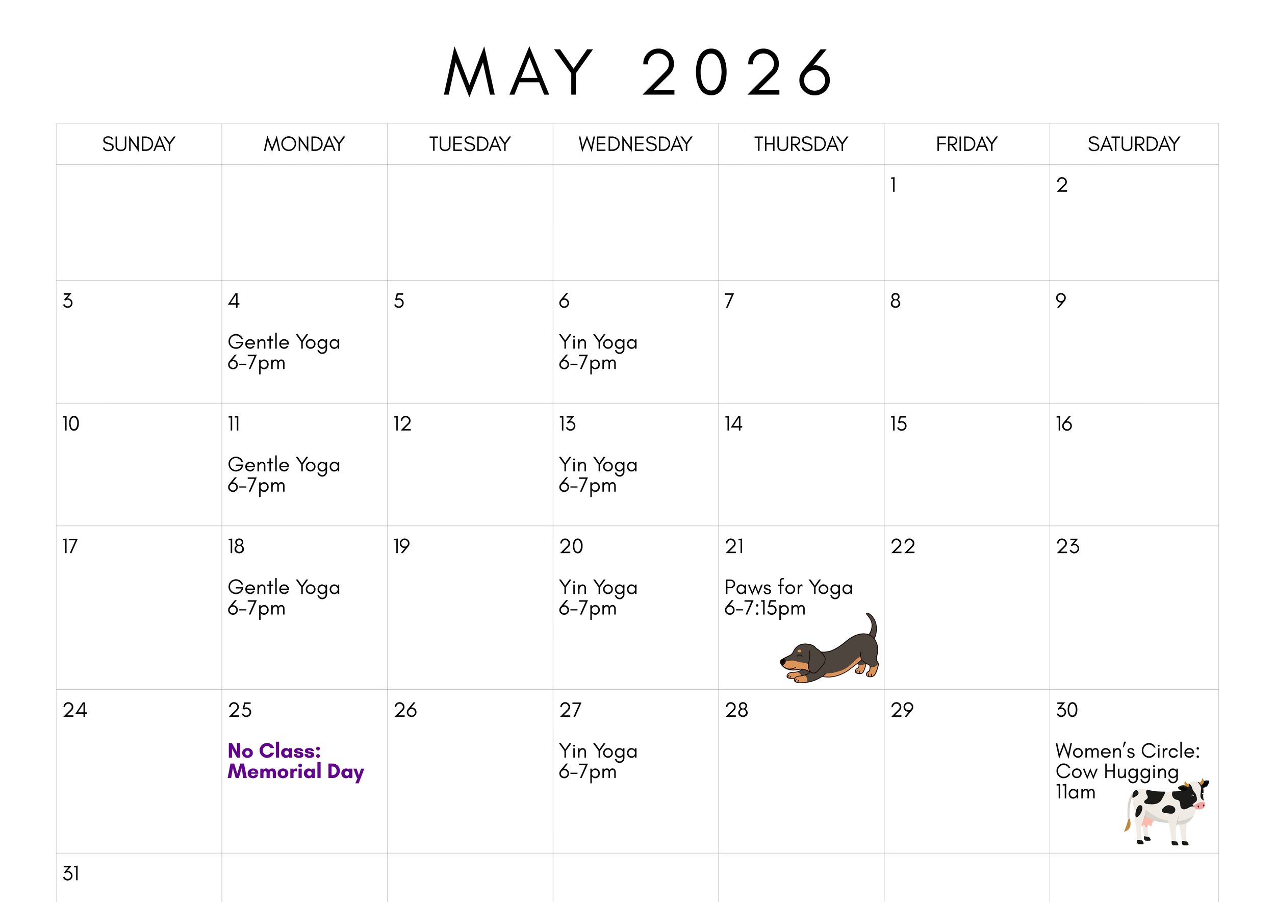 May 2026 calendar with scheduled yoga classes, including Gentle Yoga on Mondays, Yin Yoga on Wednesdays Paws for Yoga - restorative yoga and sound bath, and Women's Circle on the last Saturday of the month.