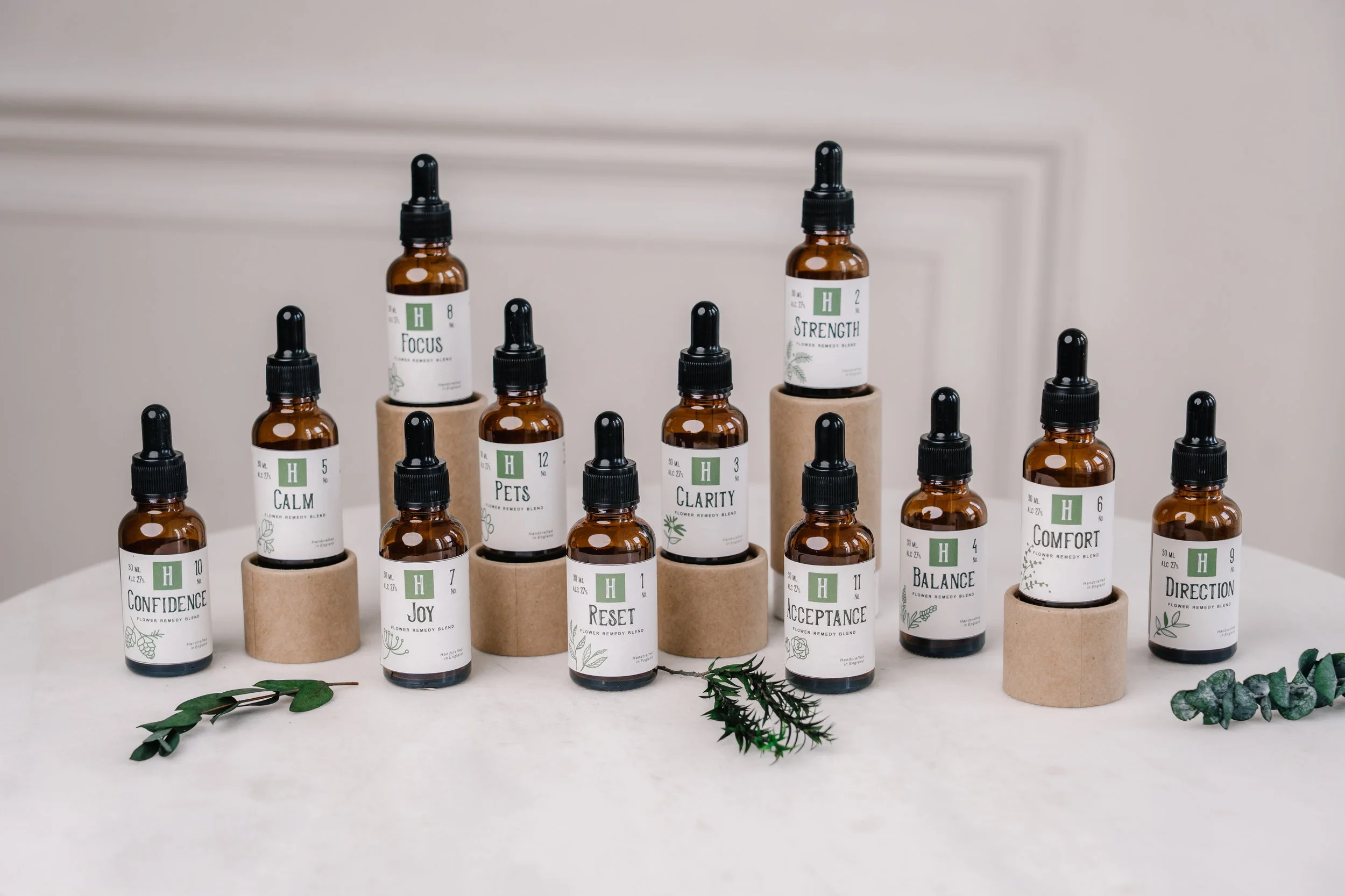 A collection of small amber glass bottles with black dropper caps, labeled with words like 'Confidence,' 'Joy,' 'Reset,' 'Acceptance,' 'Balance,' 'Direction,' and others, arranged on a white surface with green leaves and sprigs in front.
