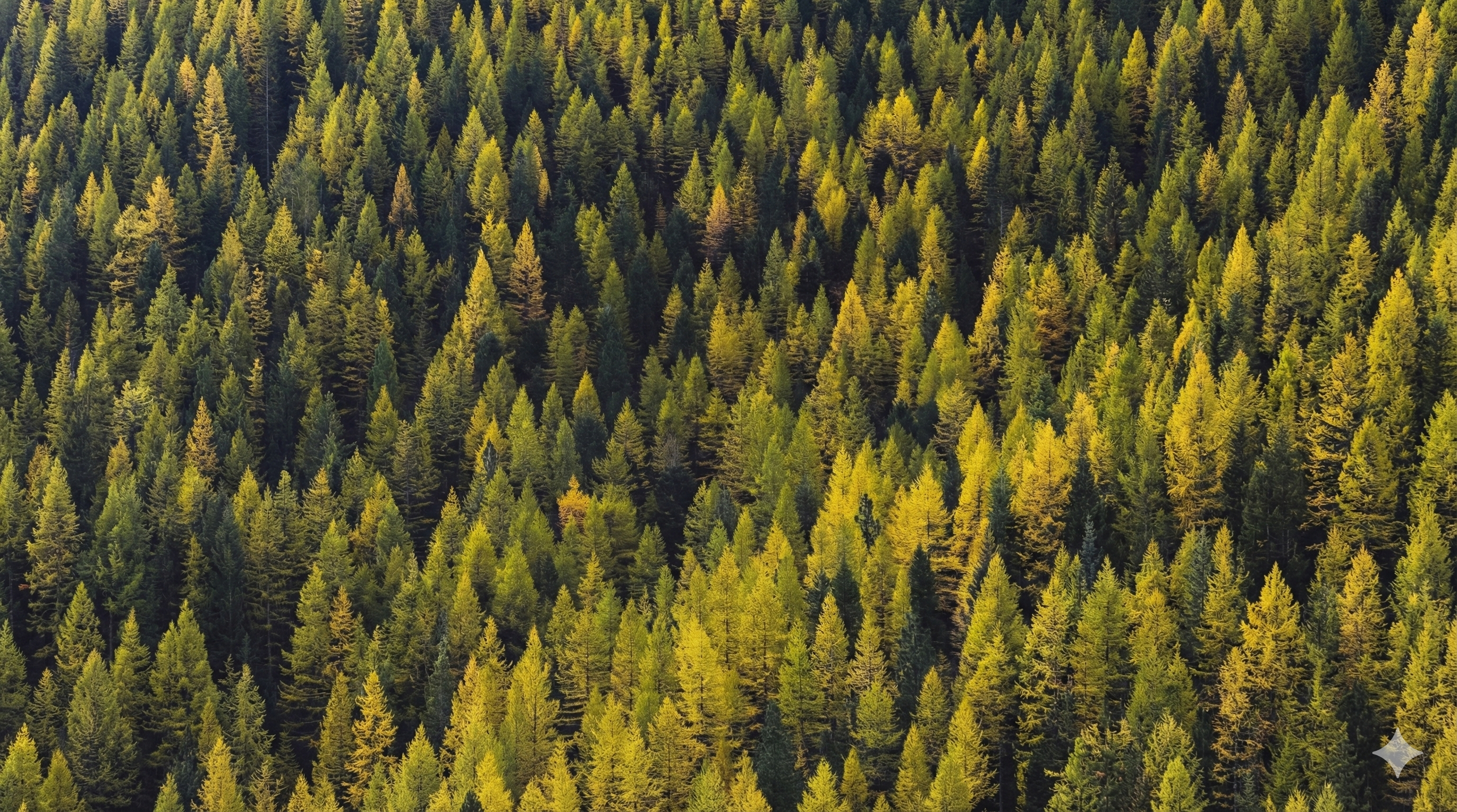 A dense forest of green pine trees with sunlight illuminating the tops of the trees.