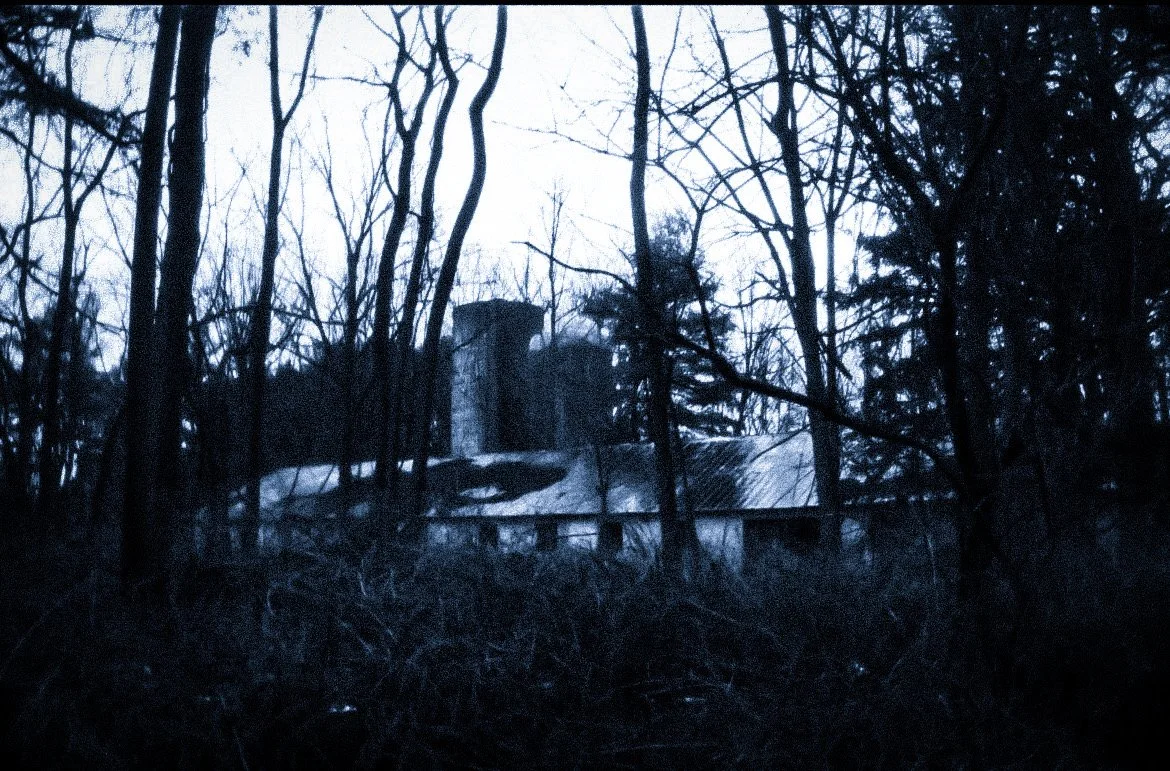 A dark, wooded area with leafless trees and a building with a chimney or tower visible through the trees.