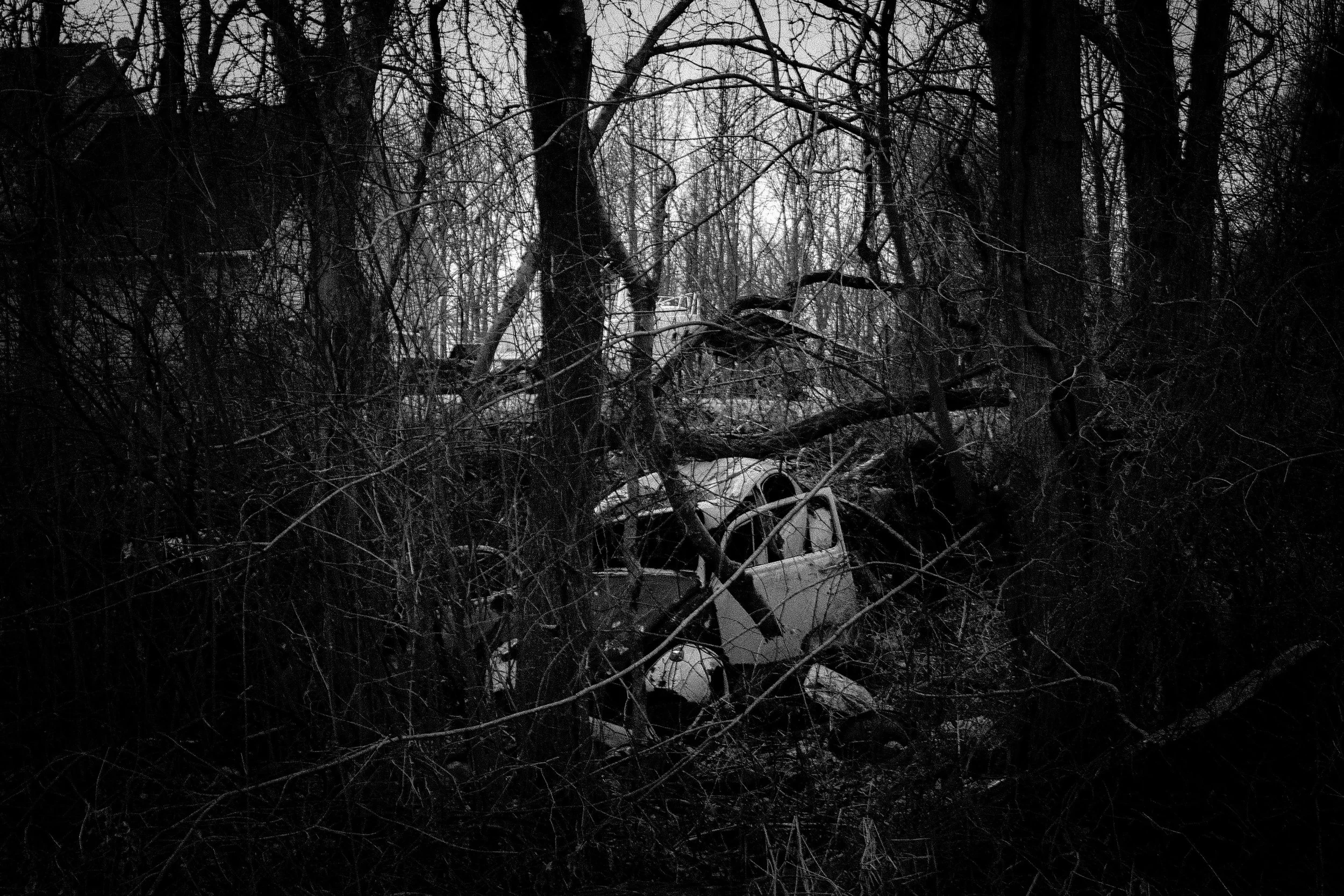 A car is stuck in dense, leafless woods and appears to be damaged or overturned, surrounded by fallen branches and debris.