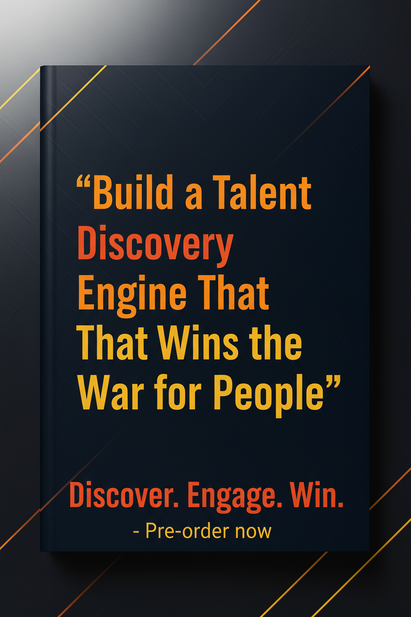 A book cover with the title 'Build a Talent Discovery Engine That Wins the War for People.' The subtitle reads, 'Discover. Engage. Win.' There is a note to pre-order now. The background is dark with diagonal orange and yellow lines.