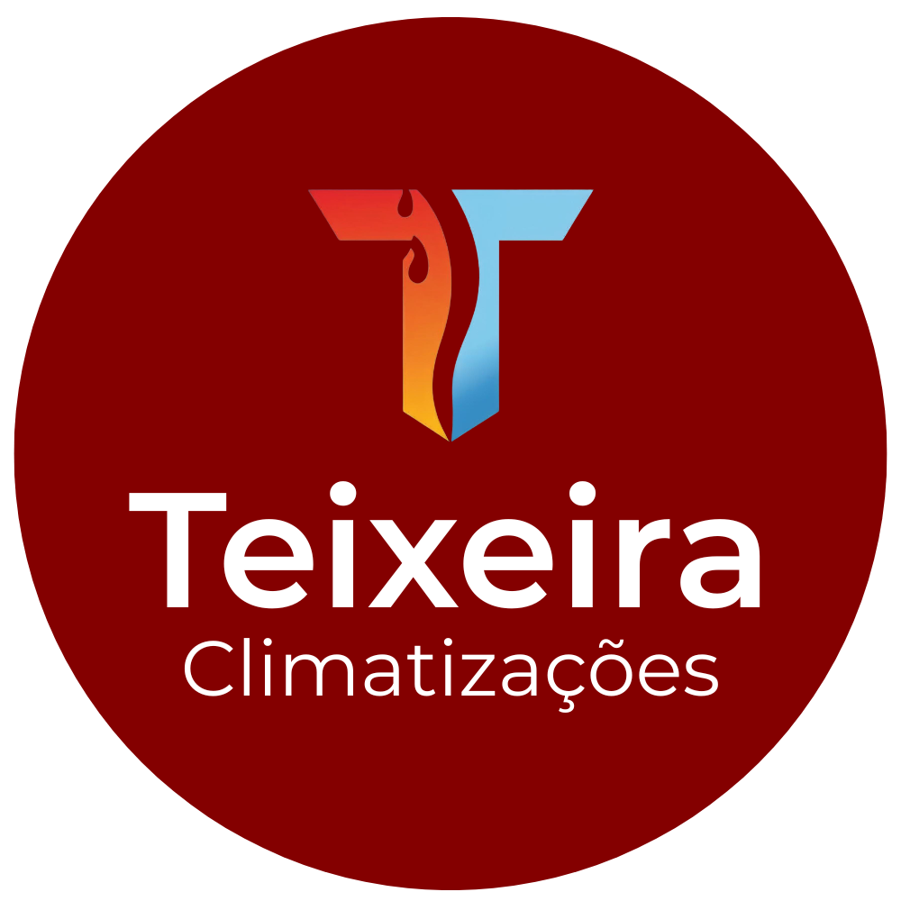 Logotipo de uma empresa de climatizações com um símbolo que combina gotas de água, fogo e ar, na cor azul, laranja e vermelha, sobre fundo vermelho escuro com o nome 'Teixeira Climatizações'.