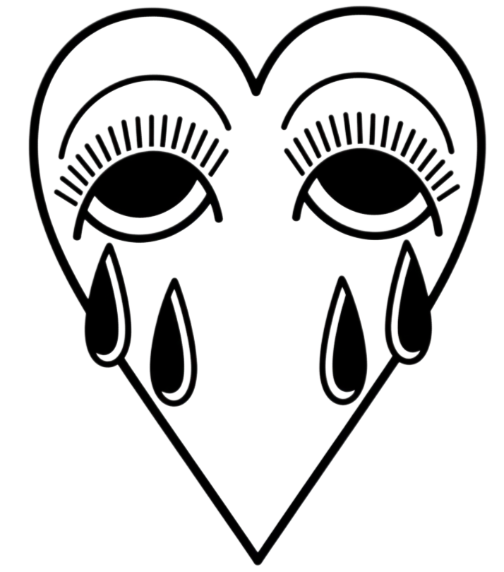 A neon outline of a heart with toy-like eyes and tears, giving an emotional or sad expression.