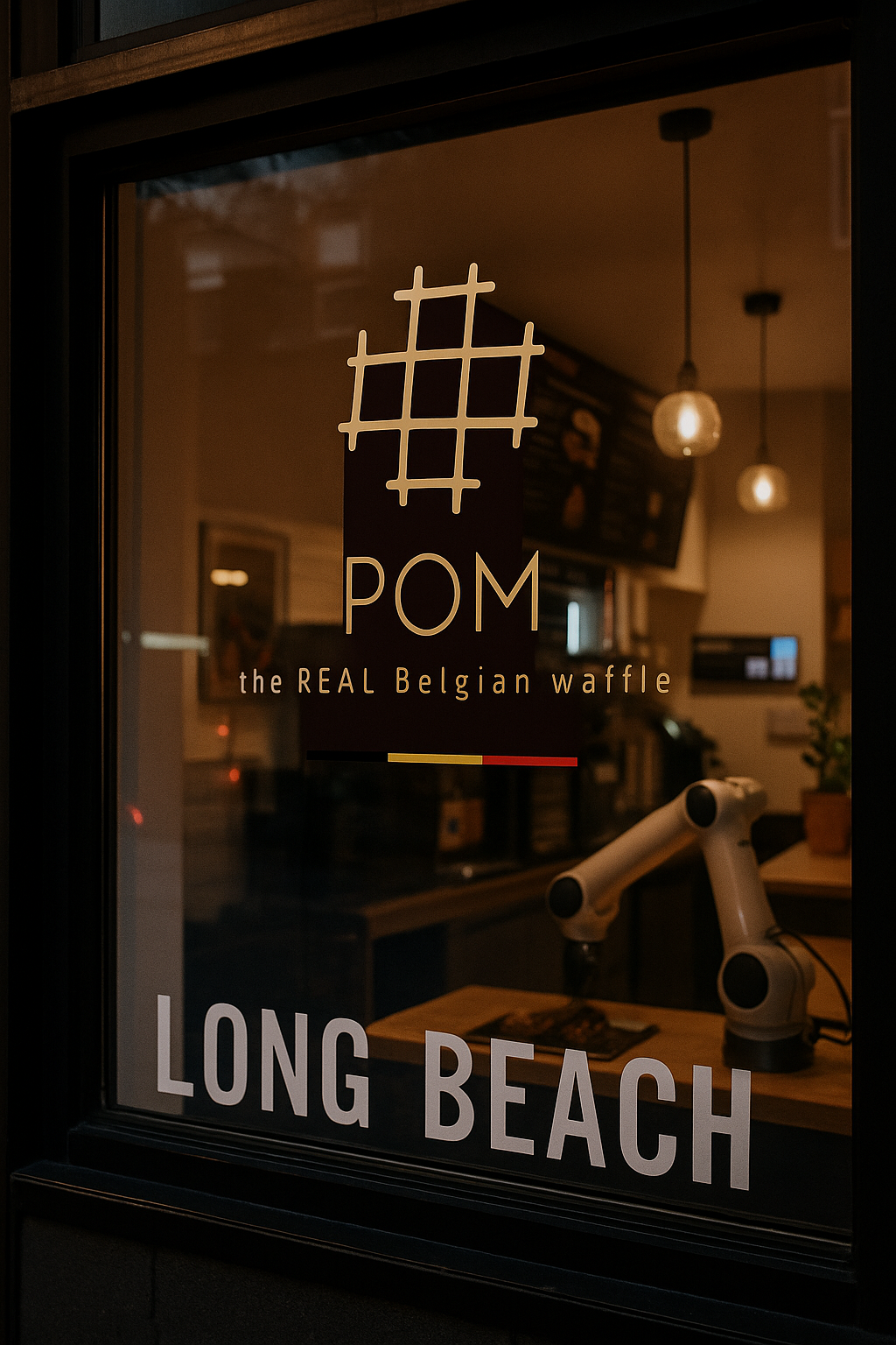 Sign for POM, a Belgian waffle shop, with text 'the REAL Belgian waffle' and 'LONG BEACH' on a glass window.