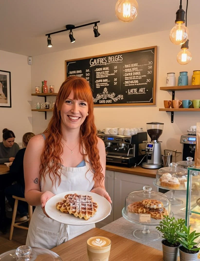 A smiling woman with long red hair and waffles